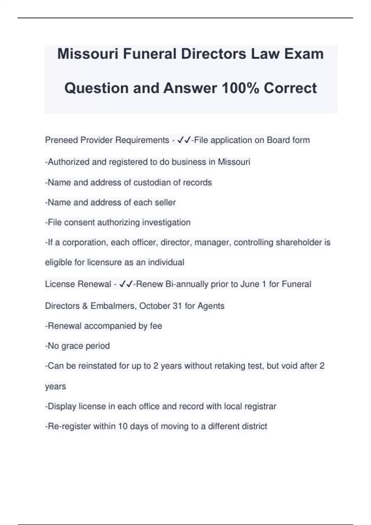 Missouri Funeral Directors Law Exam Question and Answer 100 Correct Missouri Funeral