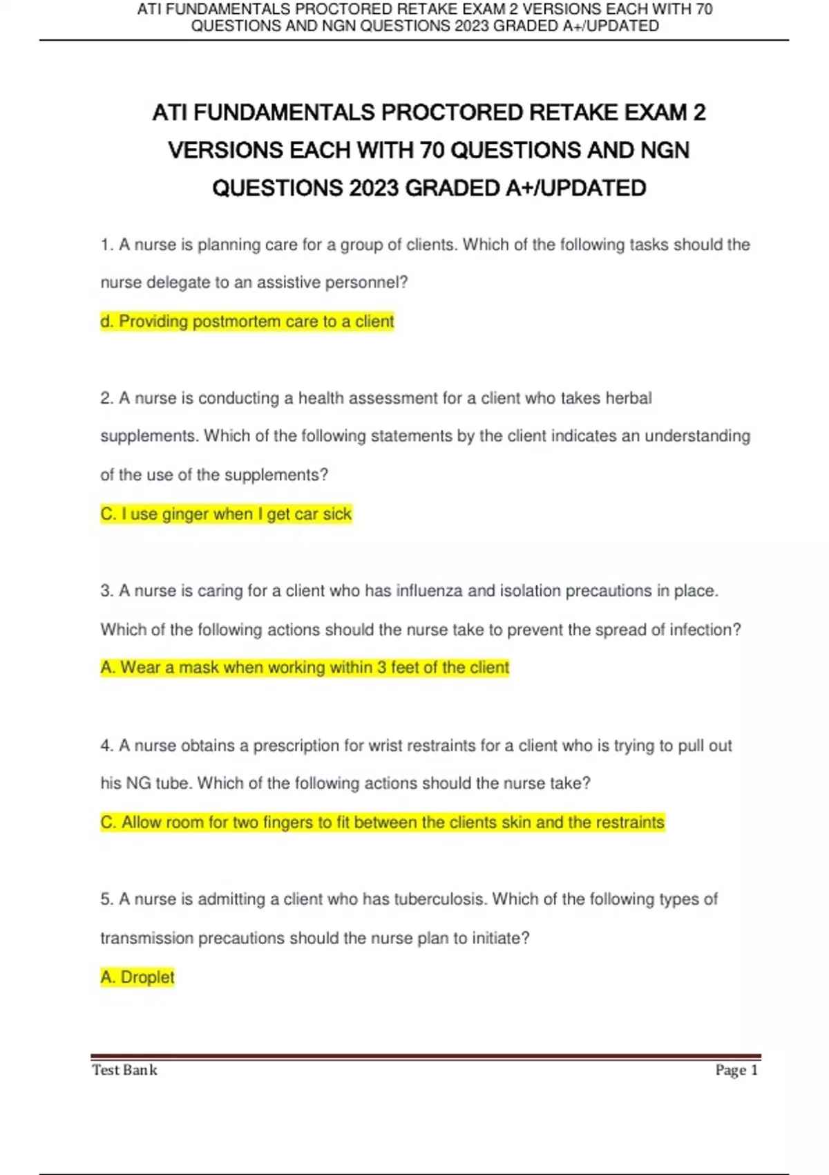 ATI FUNDAMENTALS PROCTORED RETAKE EXAM 2 VERSIONS EACH WITH 70 ...