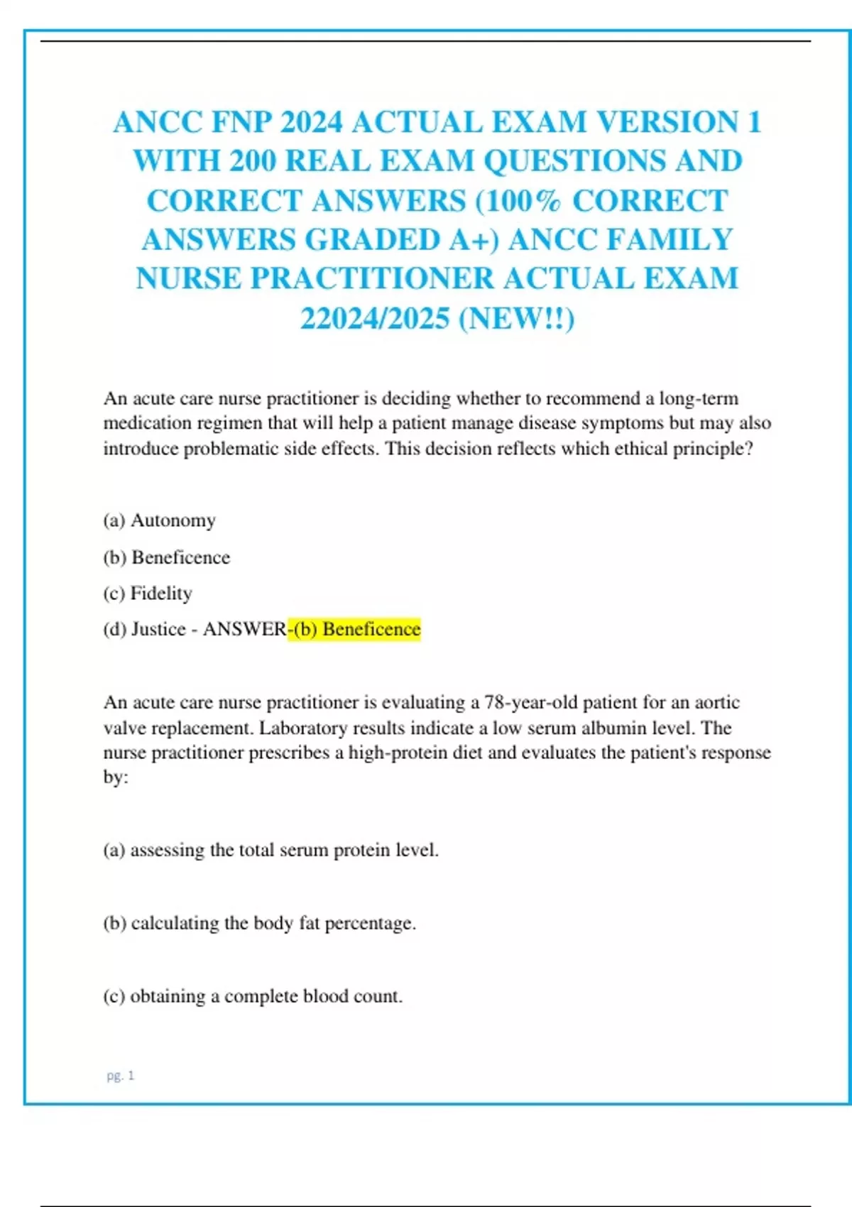 ANCC FNP 2024 ACTUAL EXAM VERSION 1 WITH 200 REAL EXAM QUESTIONS AND