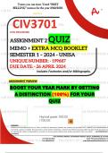 CIV3701 ASSIGNMENT 2 QUIZ MEMO - SEMESTER 1 - 2024 - UNISA - DUE : 26 APRIL 2024 (INCLUDES 120 PAGES EXTRA MCQ BOOKLET WITH ANSWERS - DISTINCTION GUARANTEED)