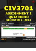 CIV3701 ASSIGNMENT 2 QUIZ MEMO - SEMESTER 1 - 2024 - UNISA - DUE : 26 APRIL 2024 (INCLUDES EXTRA MCQ BOOKLET WITH ANSWERS - DISTINCTION GUARANTEED)