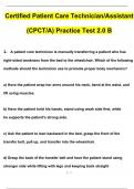 Certified Patient Care Technician Assistant (CPCT-A) Practice Test 2.0 B Questions with 100% Correct Answers | Updated | Download to score A+