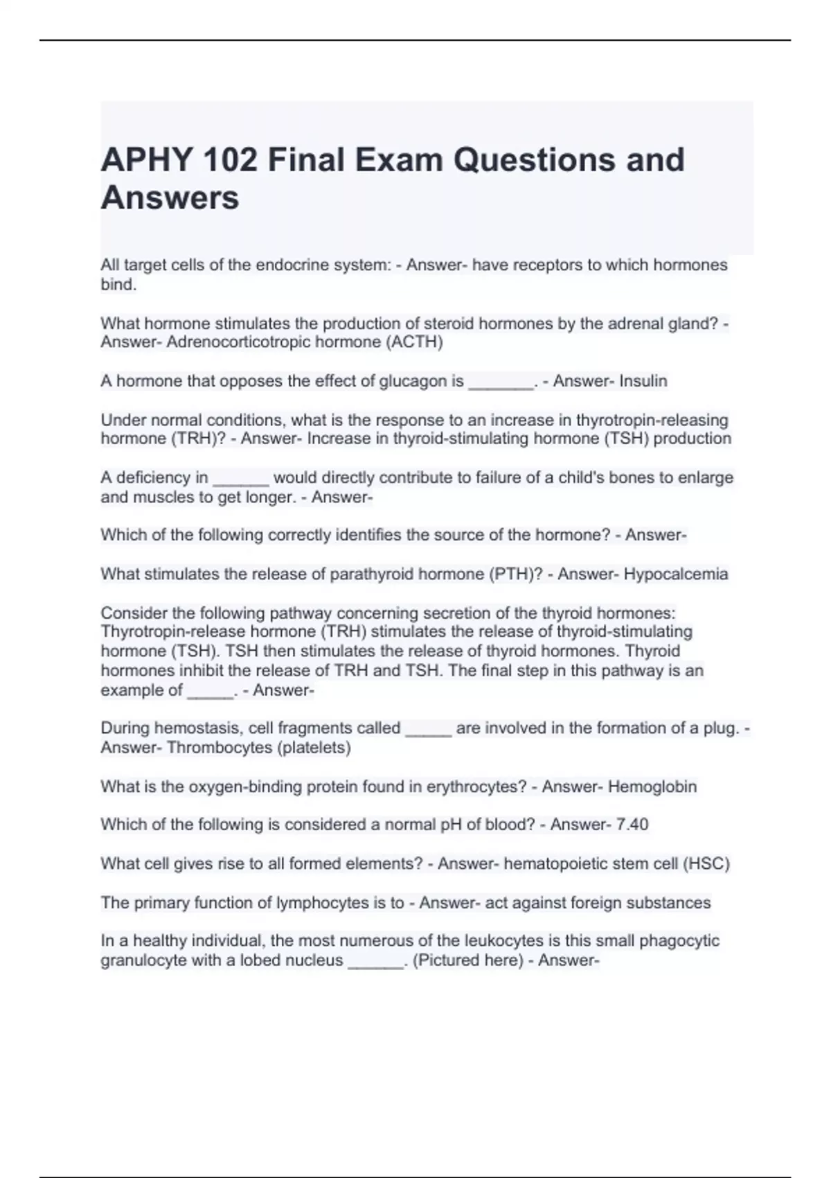 APHY 102 Final Exam Questions and Answers (Graded A) - APHY 102 - Stuvia US
