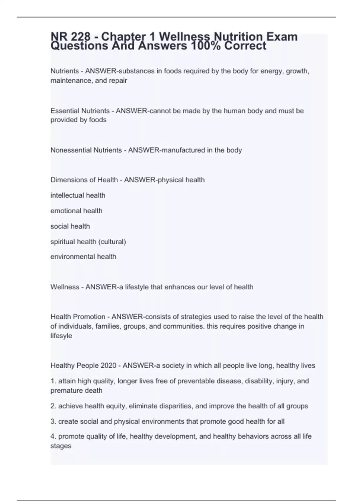 NR 228 - Chapter 1 Wellness Nutrition Exam Questions And Answers 100% ...