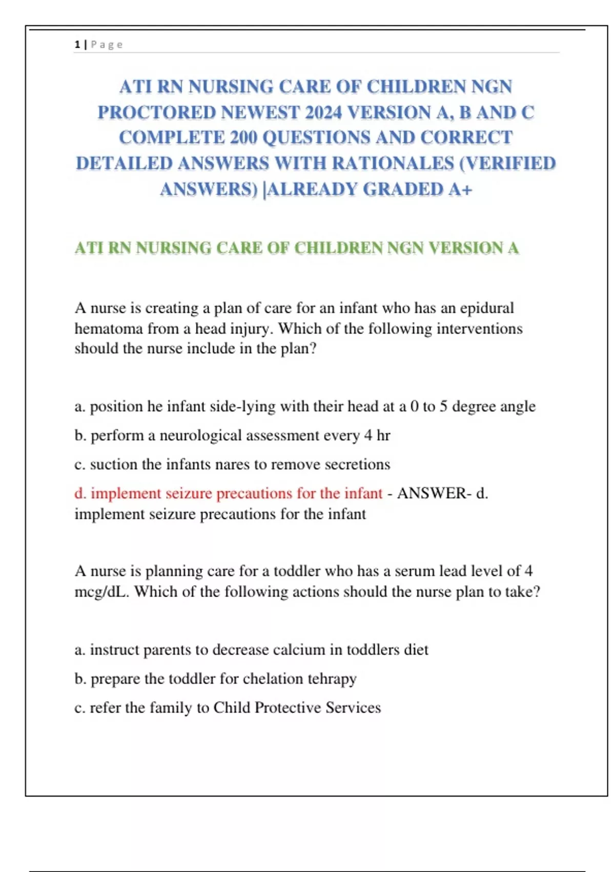 ATI RN NURSING CARE OF CHILDREN NGN PROCTORED NEWEST 2024 VERSION A, B ...