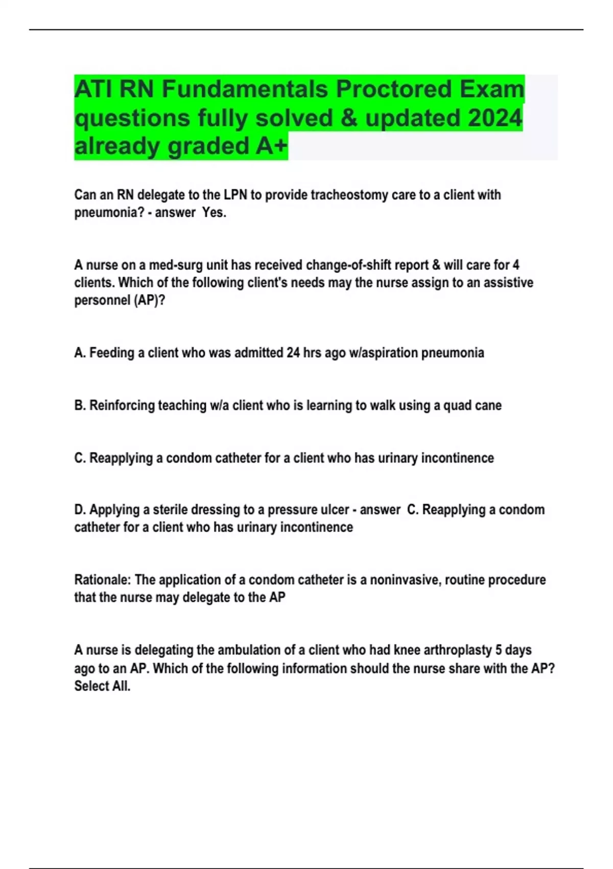 ATI RN Fundamentals Proctored Exam questions fully solved & updated ...