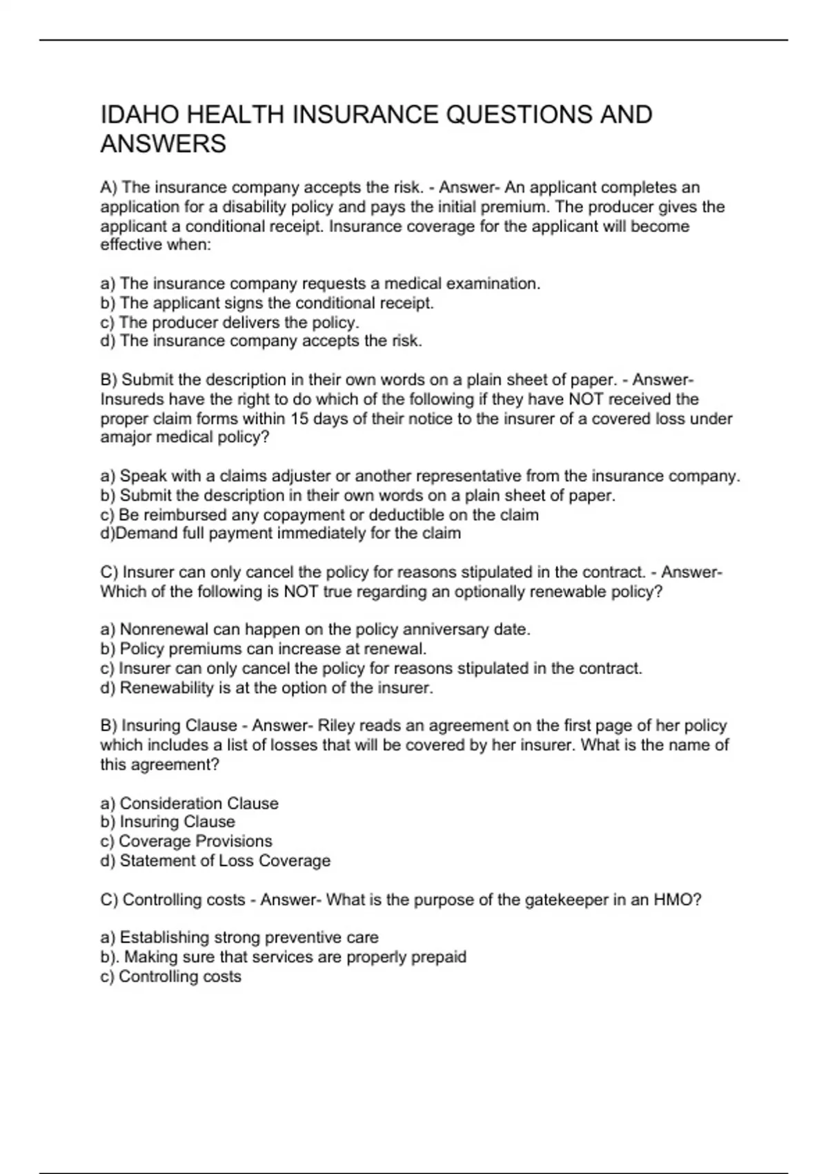 IDAHO HEALTH INSURANCE QUESTIONS AND ANSWERS IDAHO HEALTH INSURANCE