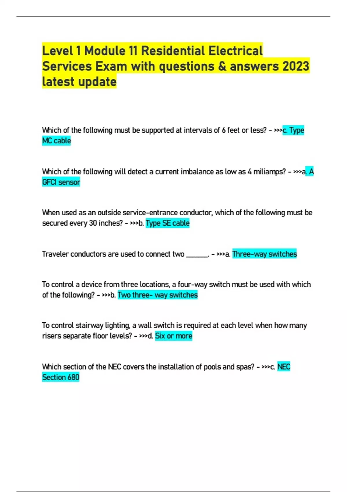 Level 1 Module 11 Residential Electrical Services Exam with questions