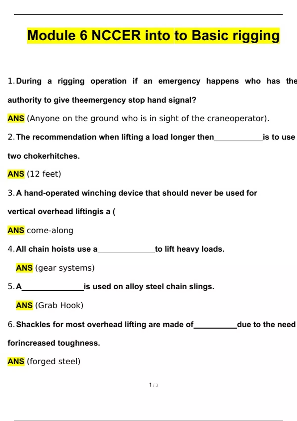 Module 6 NCCER into to Basic rigging 2024 Complete Questions and