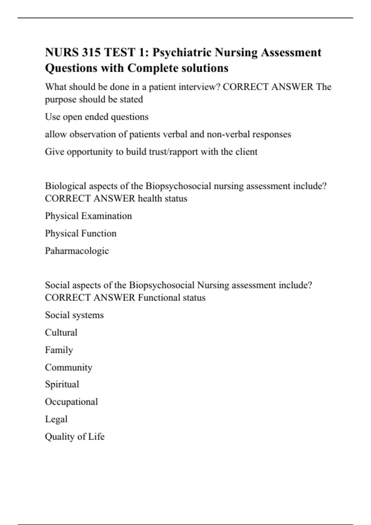 NURS 315 TEST 1: Psychiatric Nursing Assessment Questions with Complete ...