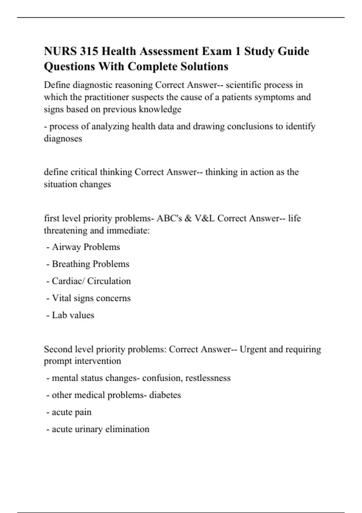 NURS 315 Health Assessment Exam 1 Study Guide Questions With Complete ...