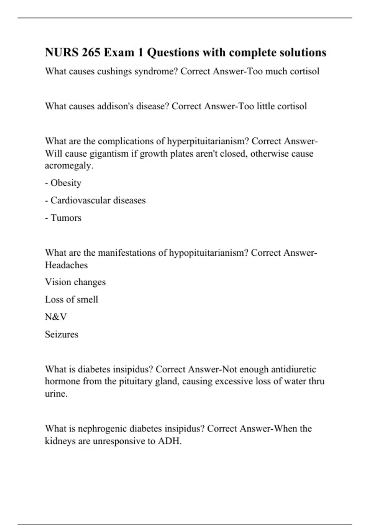 NURS 265 Exam 1 Questions with complete solutions - NURS 265 - Stuvia US