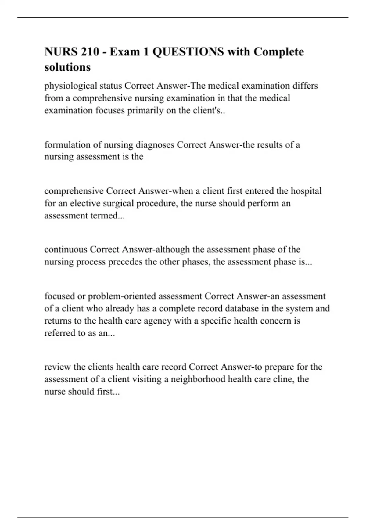 NURS 210 - Exam 1 QUESTIONS with Complete solutions - NURS 210 - Stuvia US