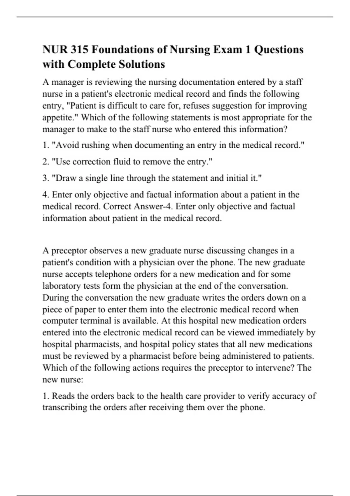 NUR 315 Foundations of Nursing Exam 1 Questions with Complete Solutions ...