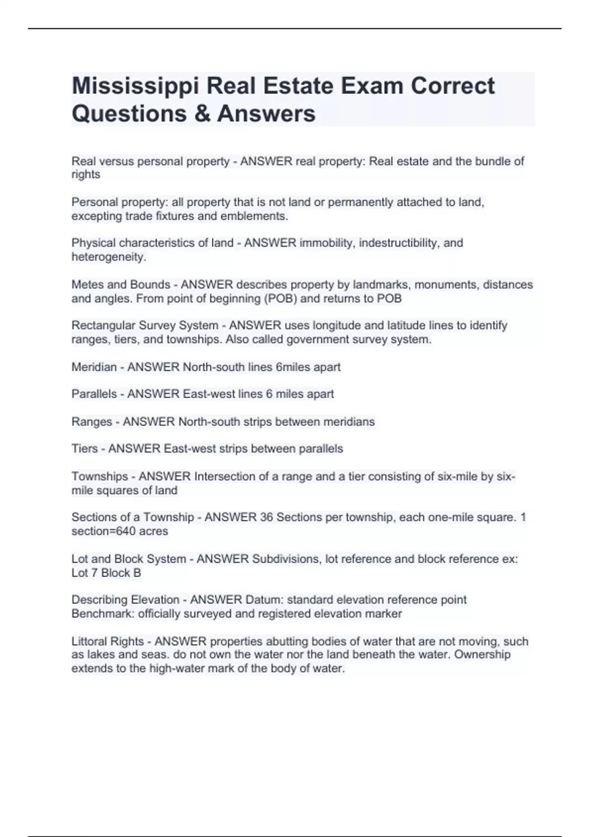 Mississippi Real Estate Exam Correct Questions & Answers Mississippi