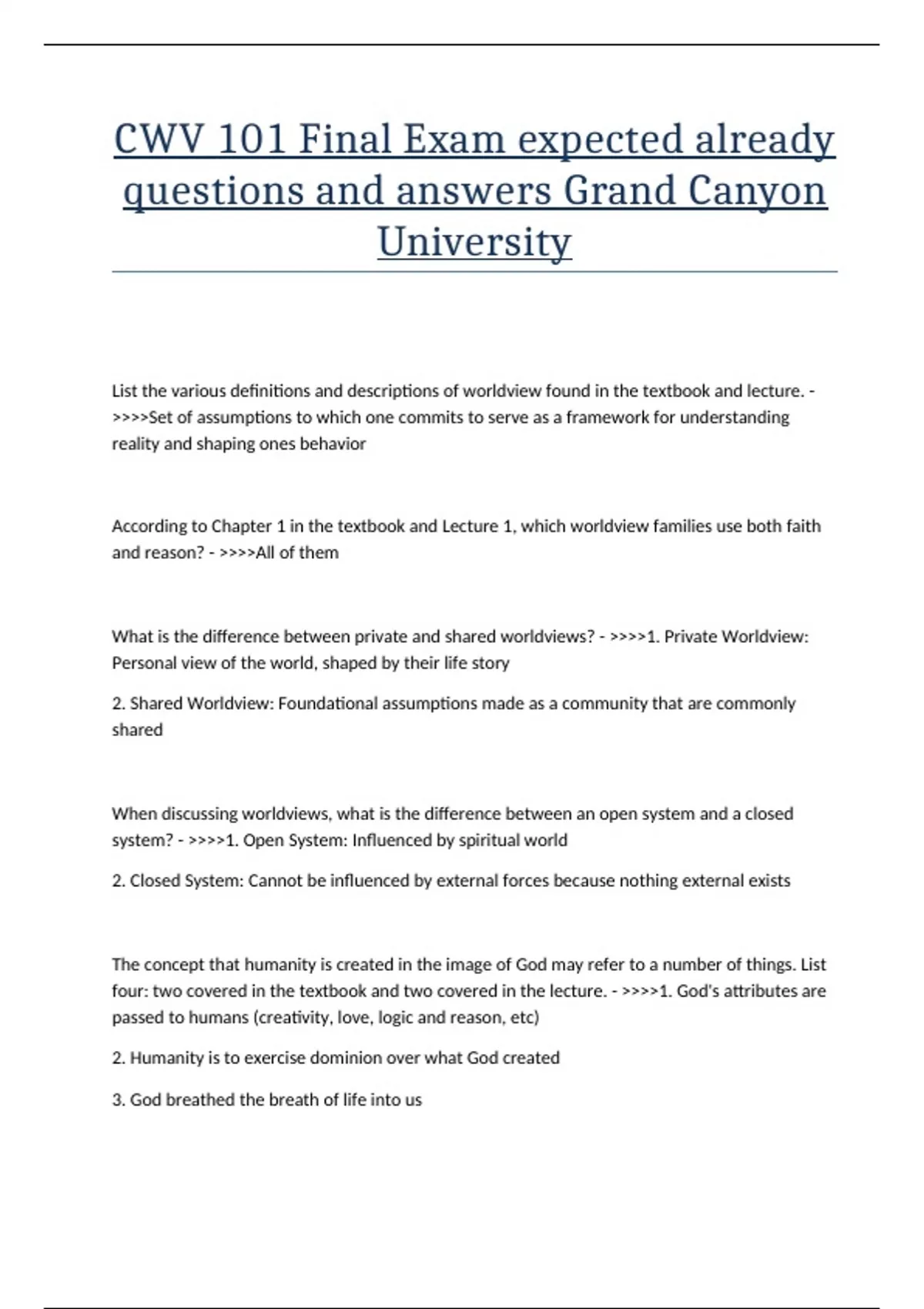 CWV 101 Final Exam expected already questions and answers Grand Canyon ...