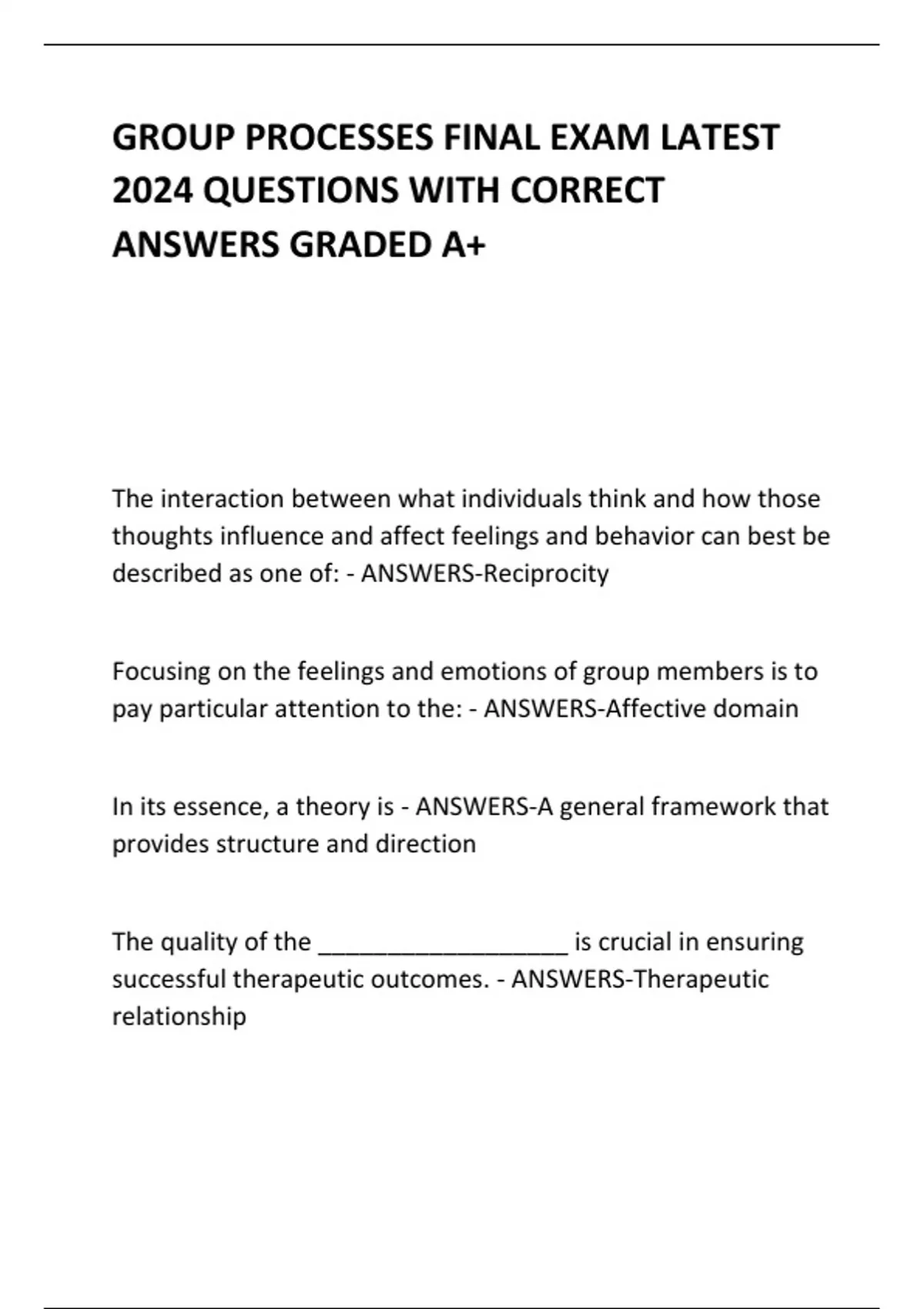 GROUP PROCESSES FINAL EXAM LATEST 2024 QUESTIONS WITH CORRECT ANSWERS