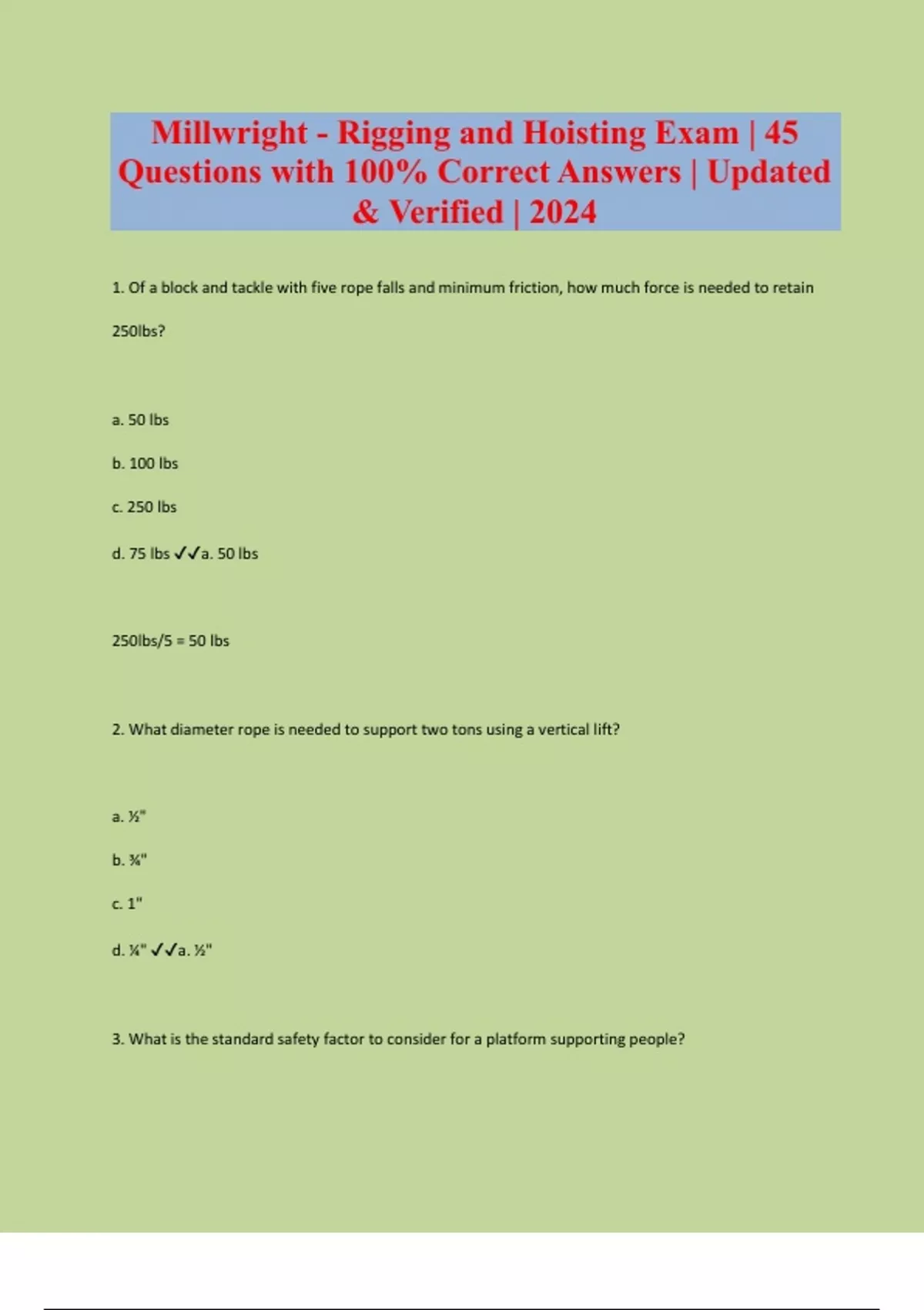 Millwright Rigging and Hoisting Exam 45 Questions with 100 Correct