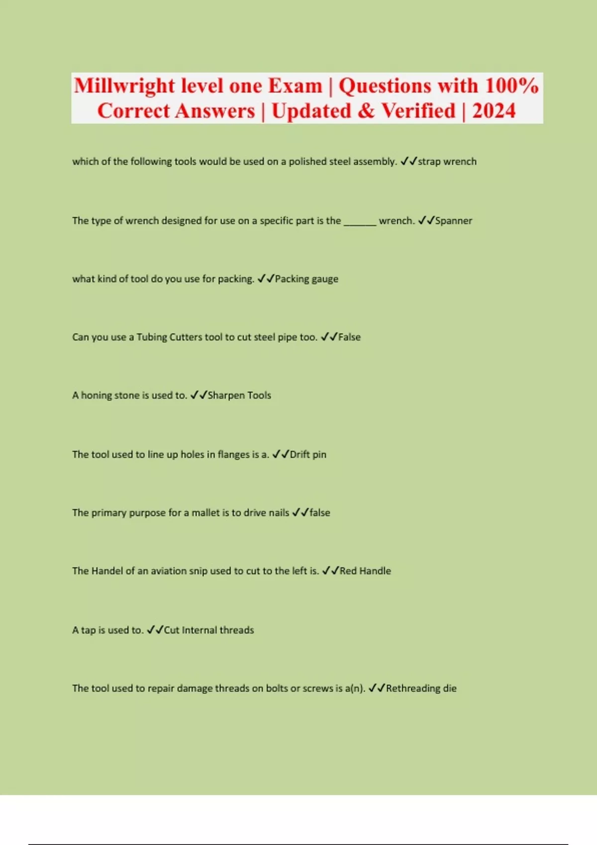 Millwright level one Exam Questions with 100 Correct Answers