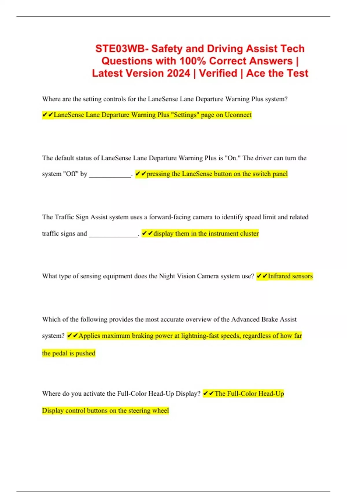 STE03WB- Safety and Driving Assist Tech Questions with 100% Correct ...