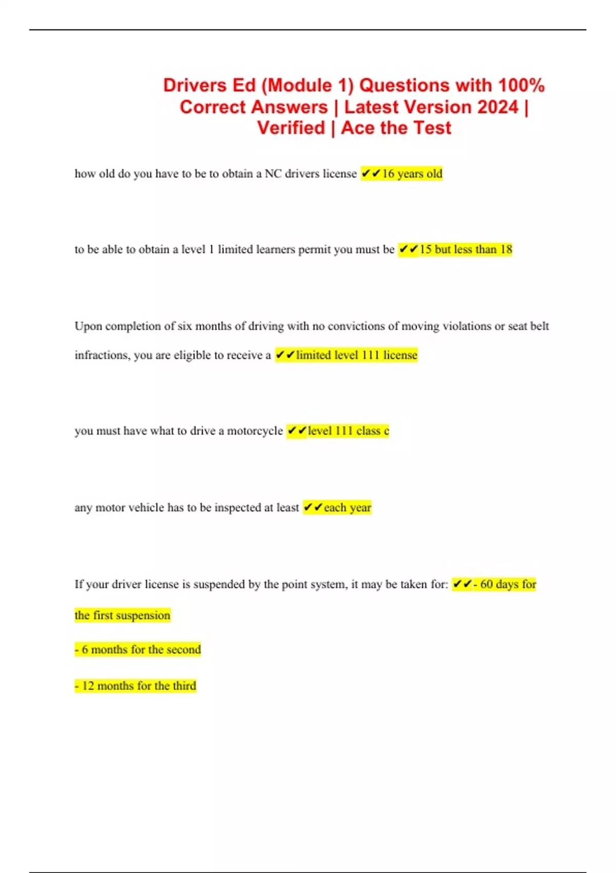 Drivers Ed (Module 1) Questions with 100 Correct Answers Latest