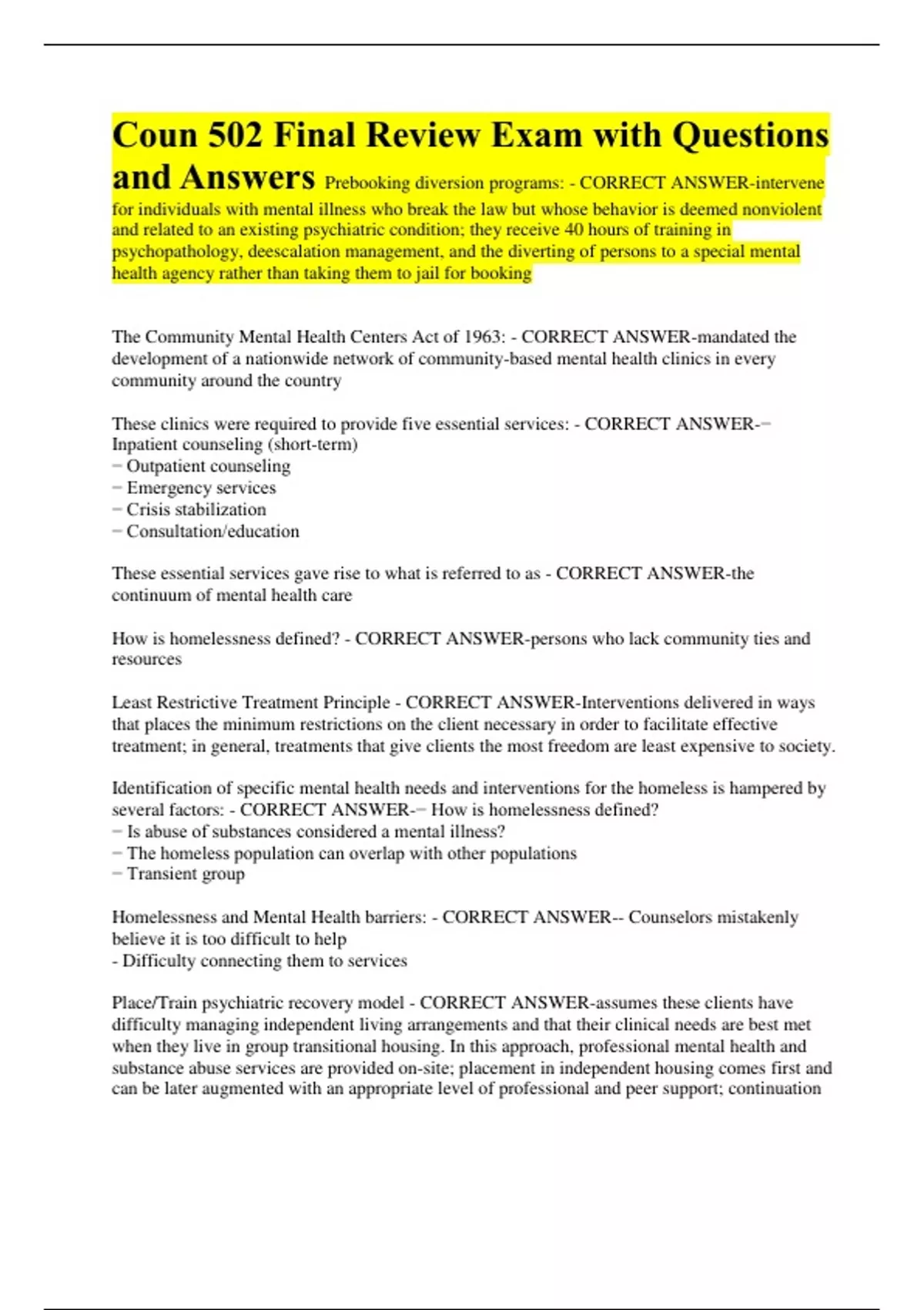 Coun 502 Final Review Exam with Questions and Answers Prebooking ...
