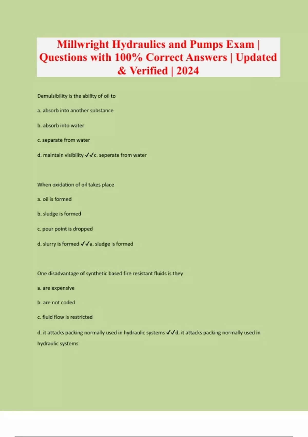 Millwright Hydraulics and Pumps Exam Questions with 100 Correct