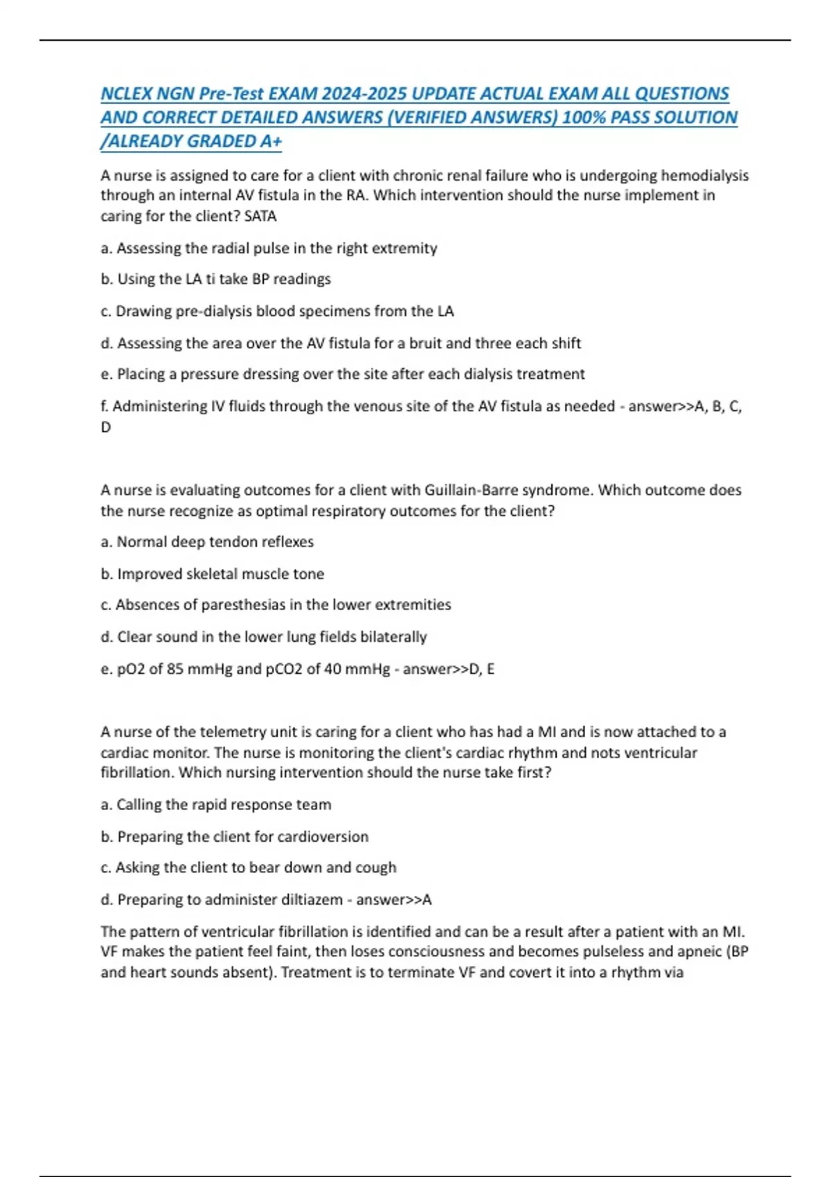 NCLEX NGN Pre-Test EXAM UPDATE ACTUAL EXAM ALL QUESTIONS AND CORRECT ...