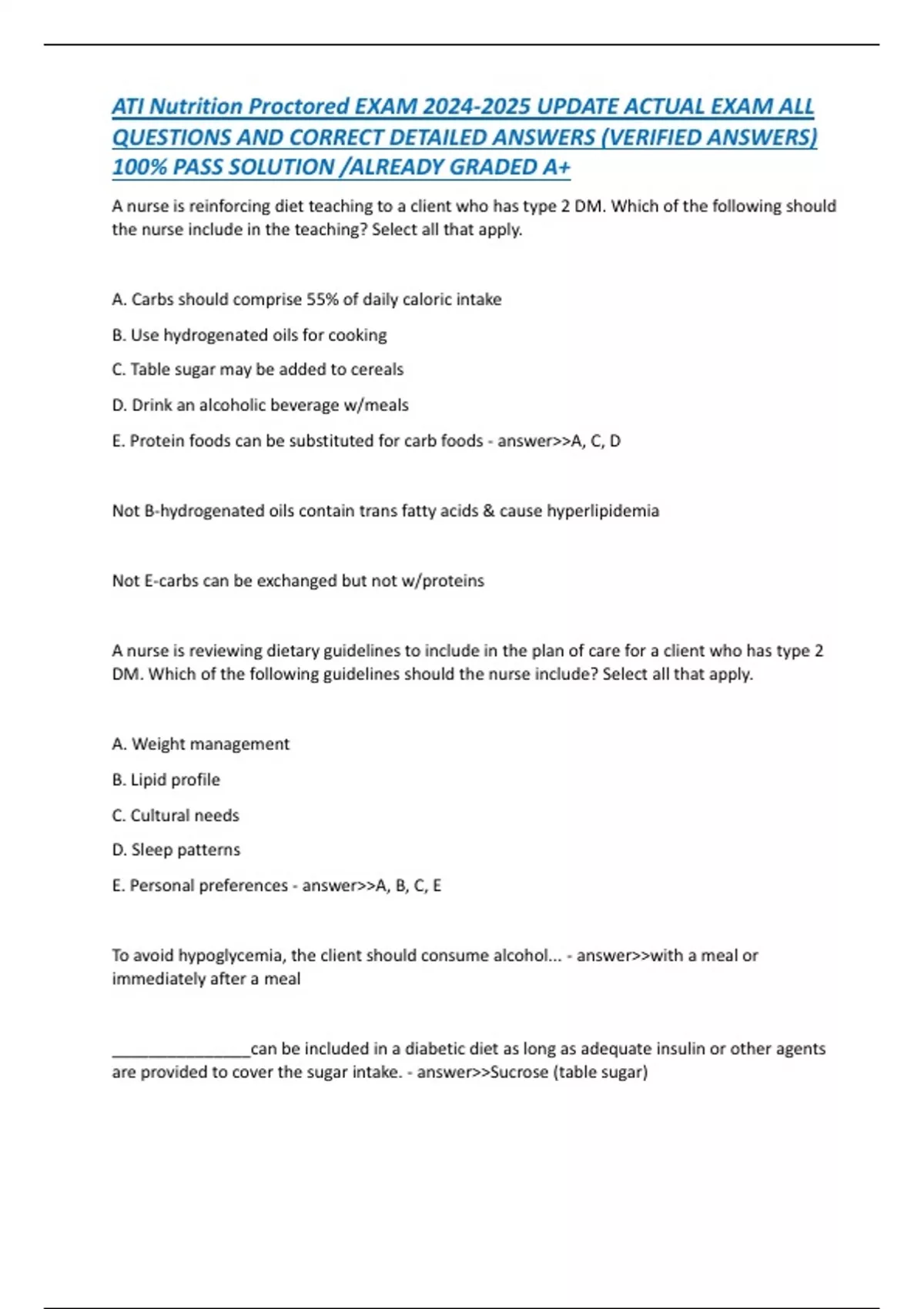 ATI Nutrition Proctored EXAM UPDATE ACTUAL EXAM ALL QUESTIONS AND ...