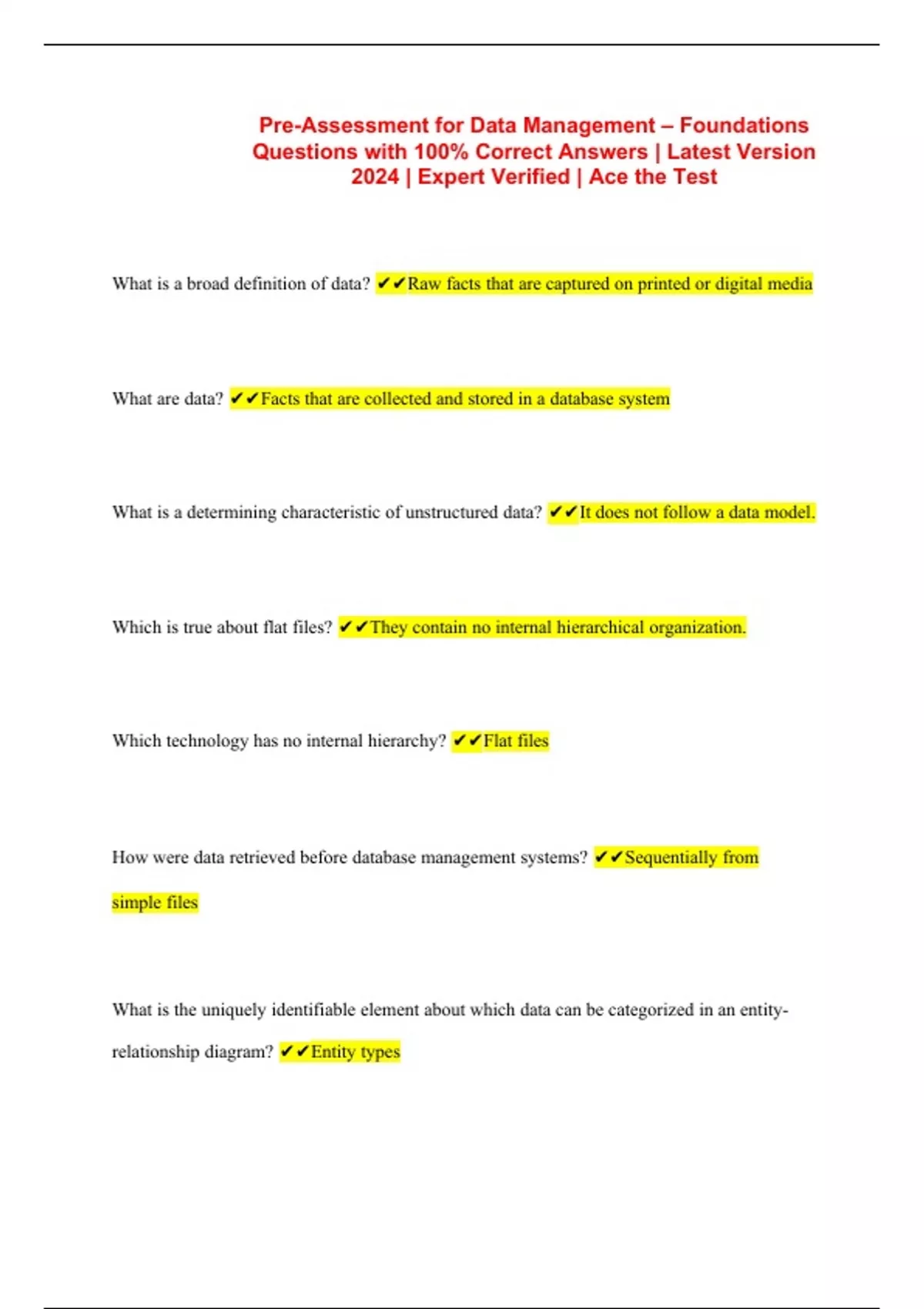 Pre-Assessment for Data Management – Foundations Questions with 100% ...