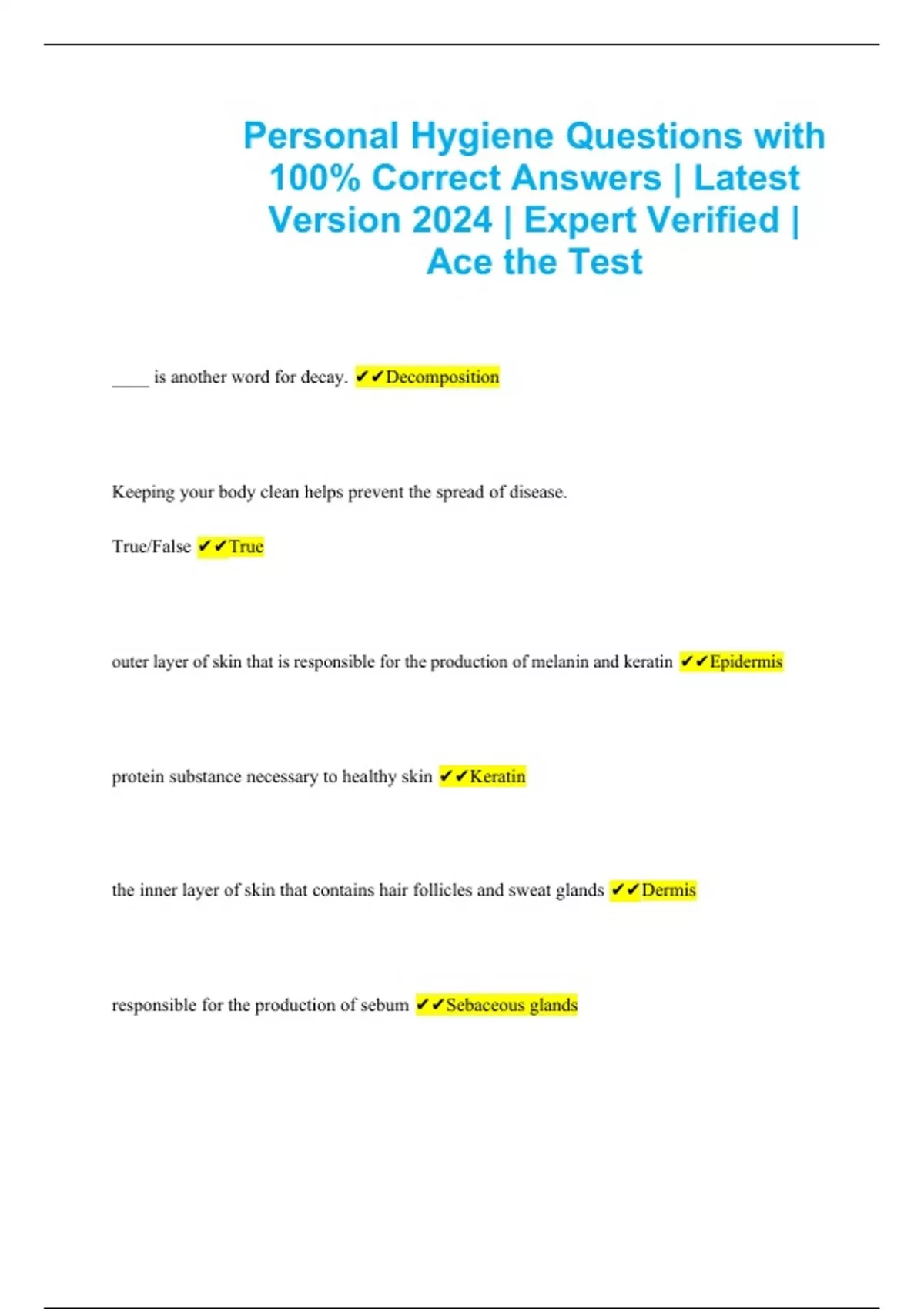 Personal Hygiene Questions with 100 Correct Answers Latest Version