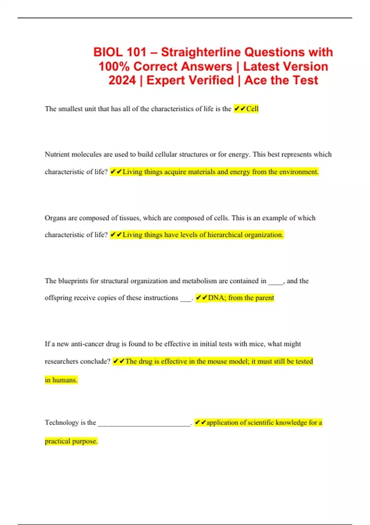BIOL 101 – Straighterline Questions with 100% Correct Answers | Latest ...