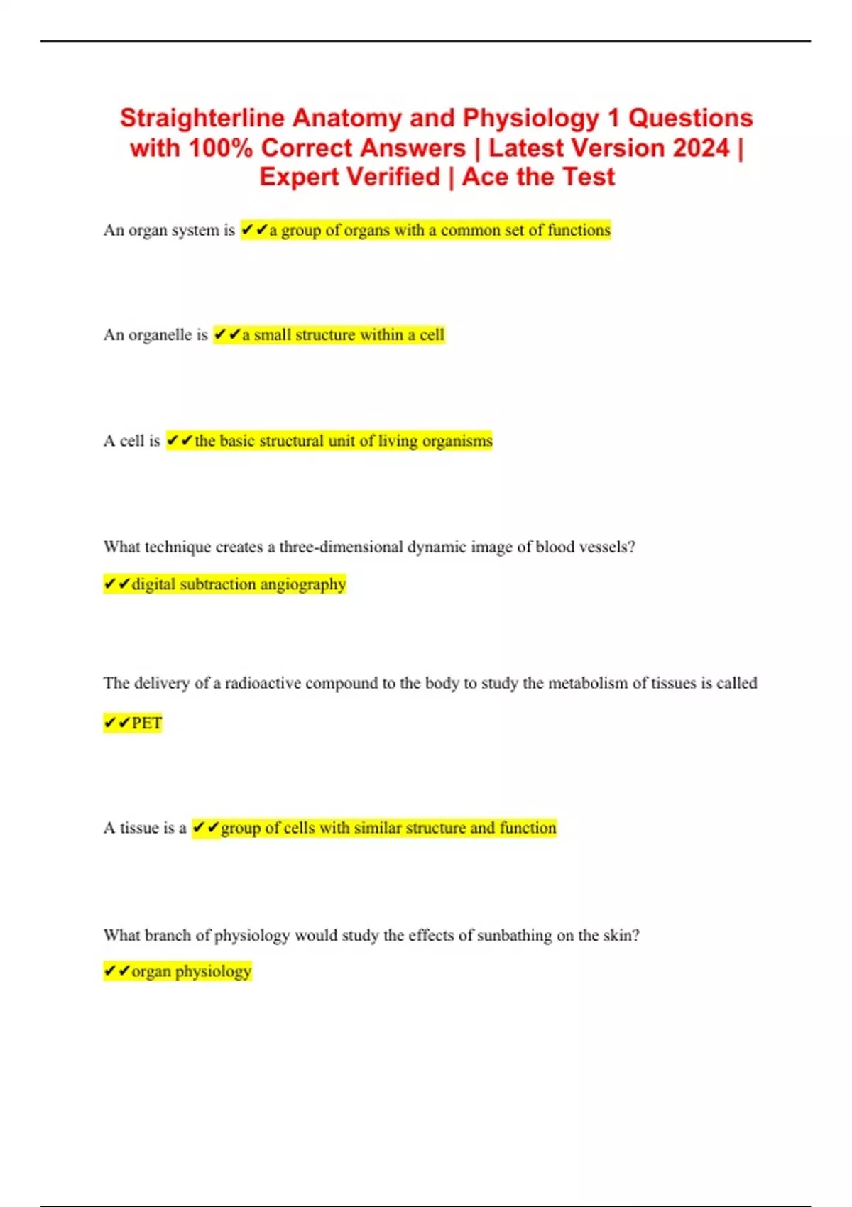 Straighterline Anatomy and Physiology 1 Questions with 100 Correct