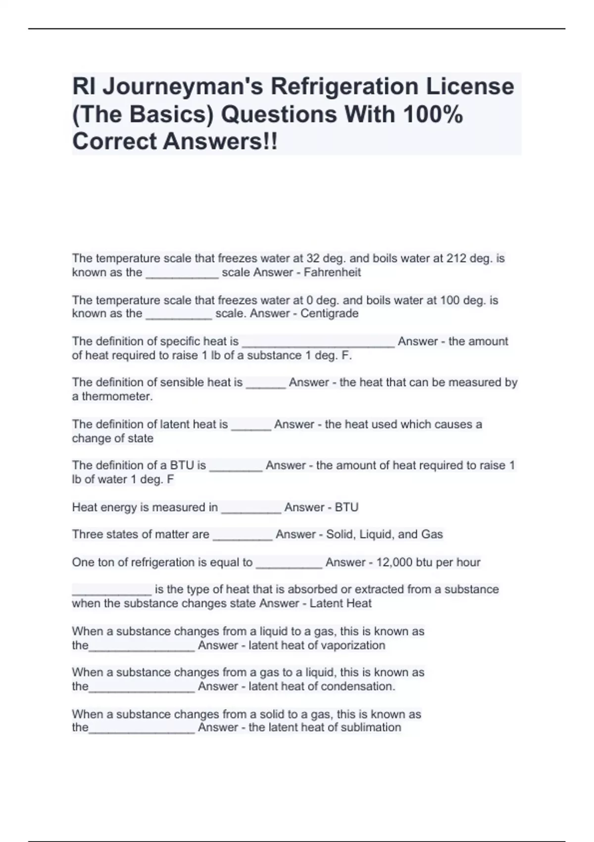 RI Journeyman's Refrigeration License (The Basics) Questions With 100 Correct Answers!! RI