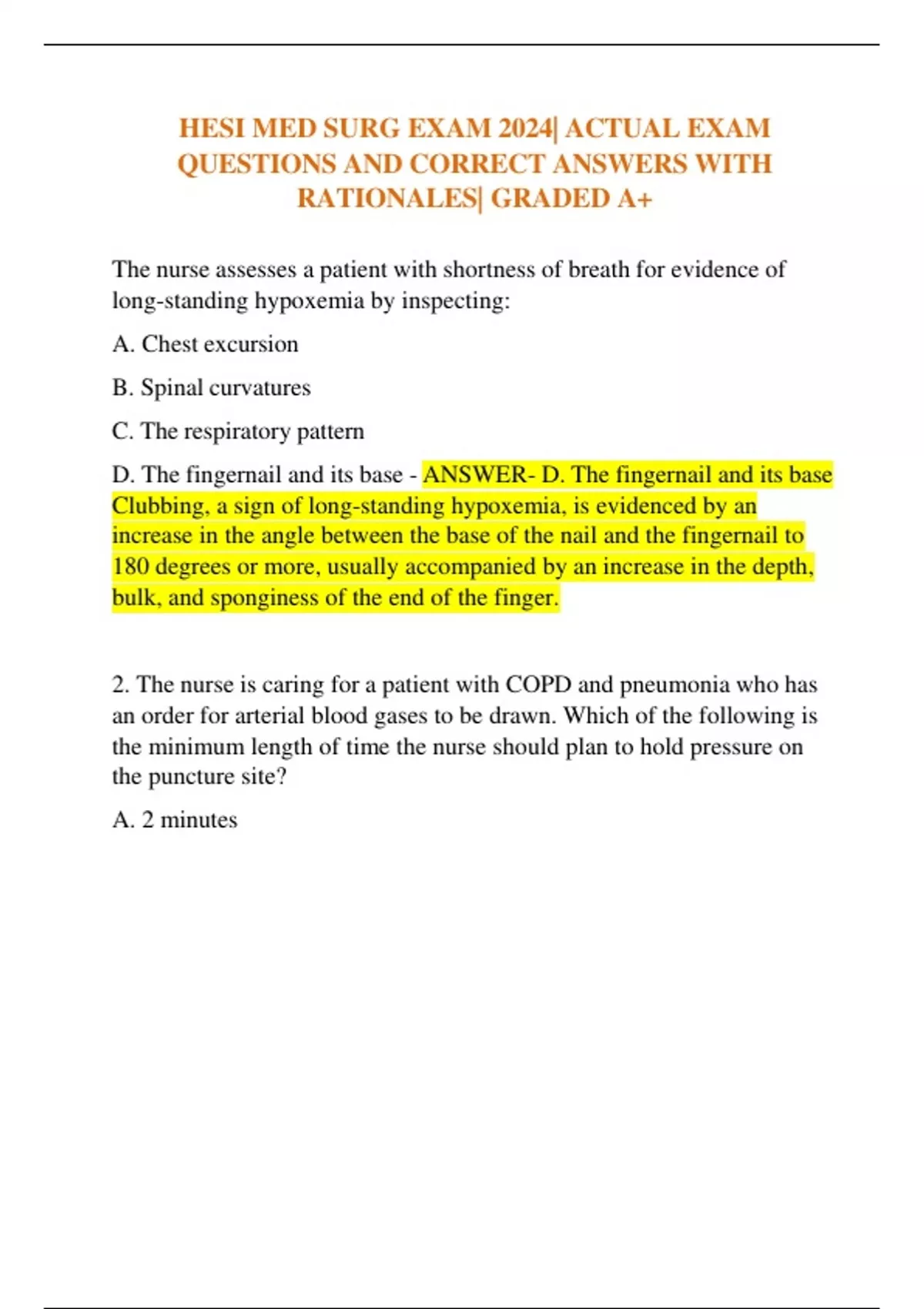 HESI MED SURG EXAM 2024| ACTUAL EXAM QUESTIONS AND CORRECT ANSWERS WITH ...