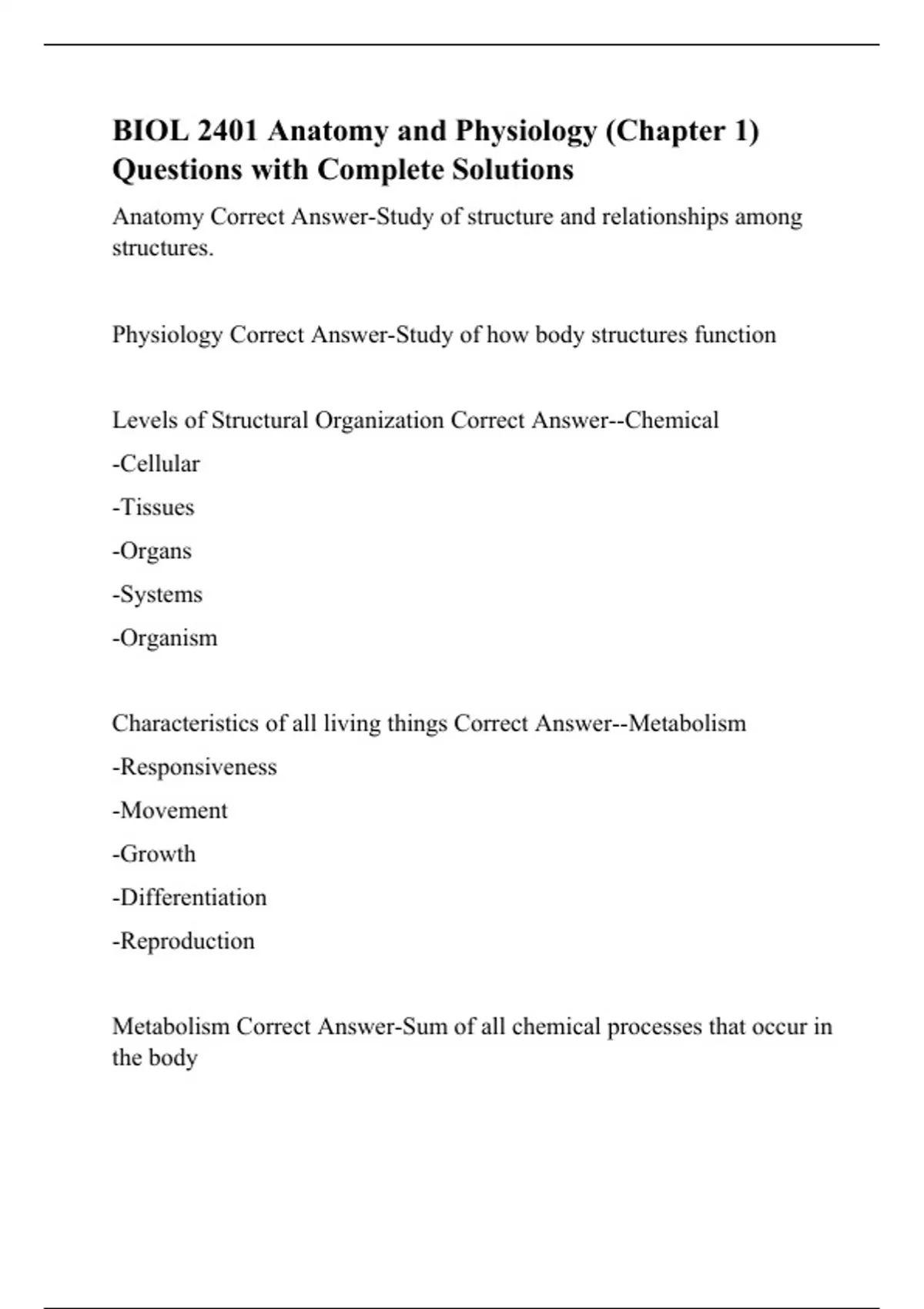 BIOL 2401 Anatomy and Physiology (Chapter 1) Questions with Complete ...