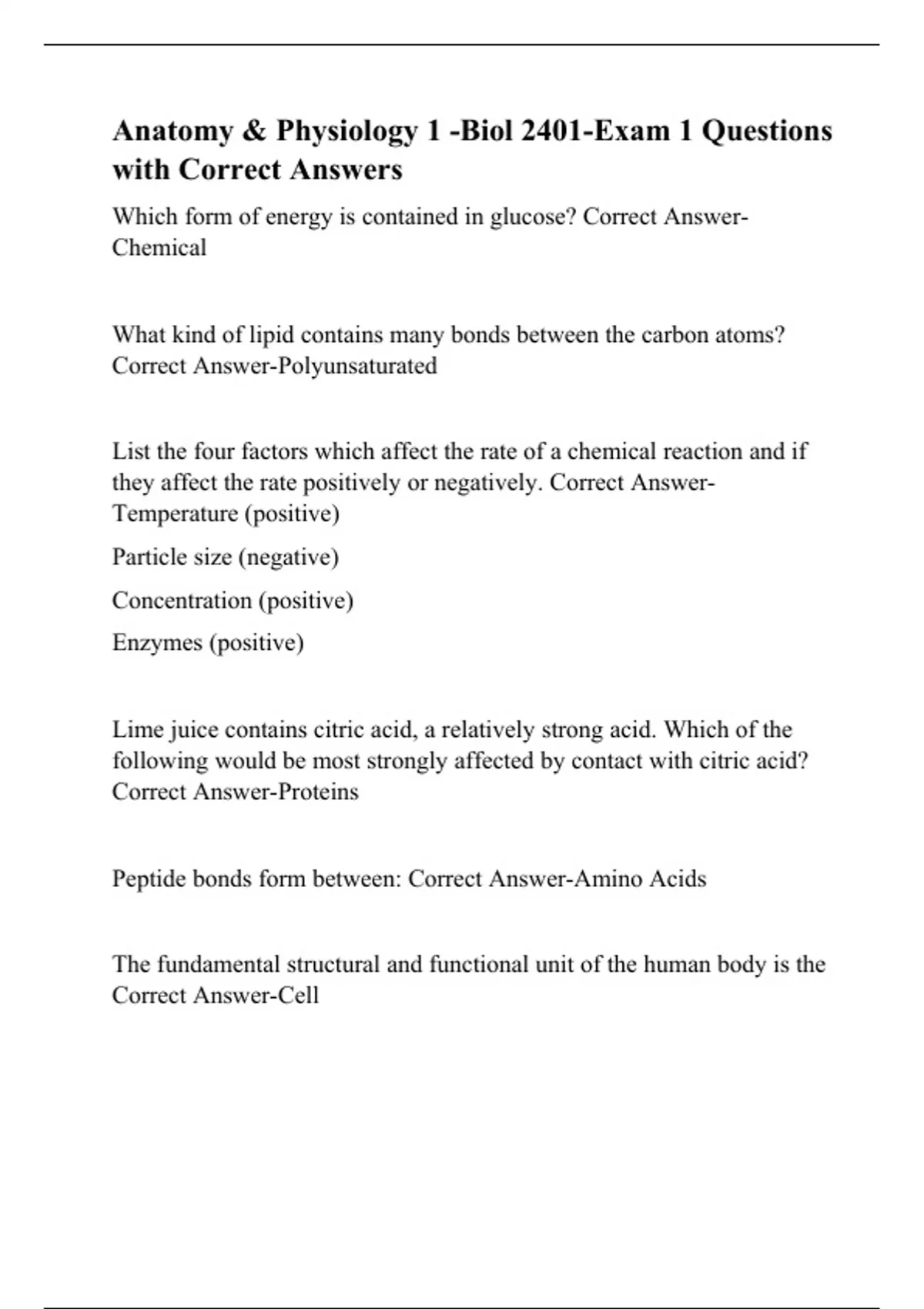 Anatomy & Physiology 1 -Biol 2401-Exam 1 Questions with Correct Answers - BIOL 2401 - Stuvia US