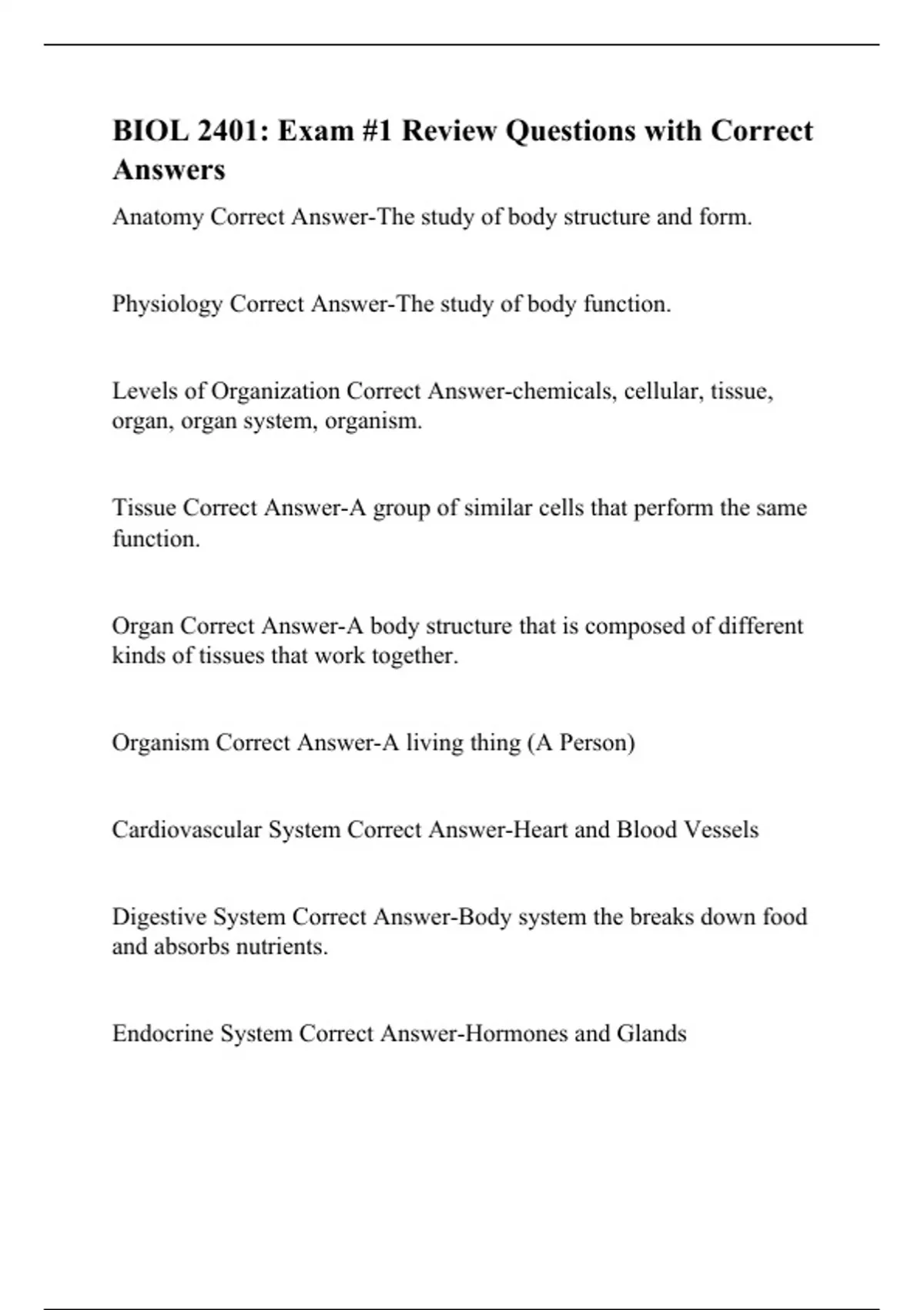 BIOL 2401: Exam #1 Review Questions with Correct Answers - BIOL 2401 ...