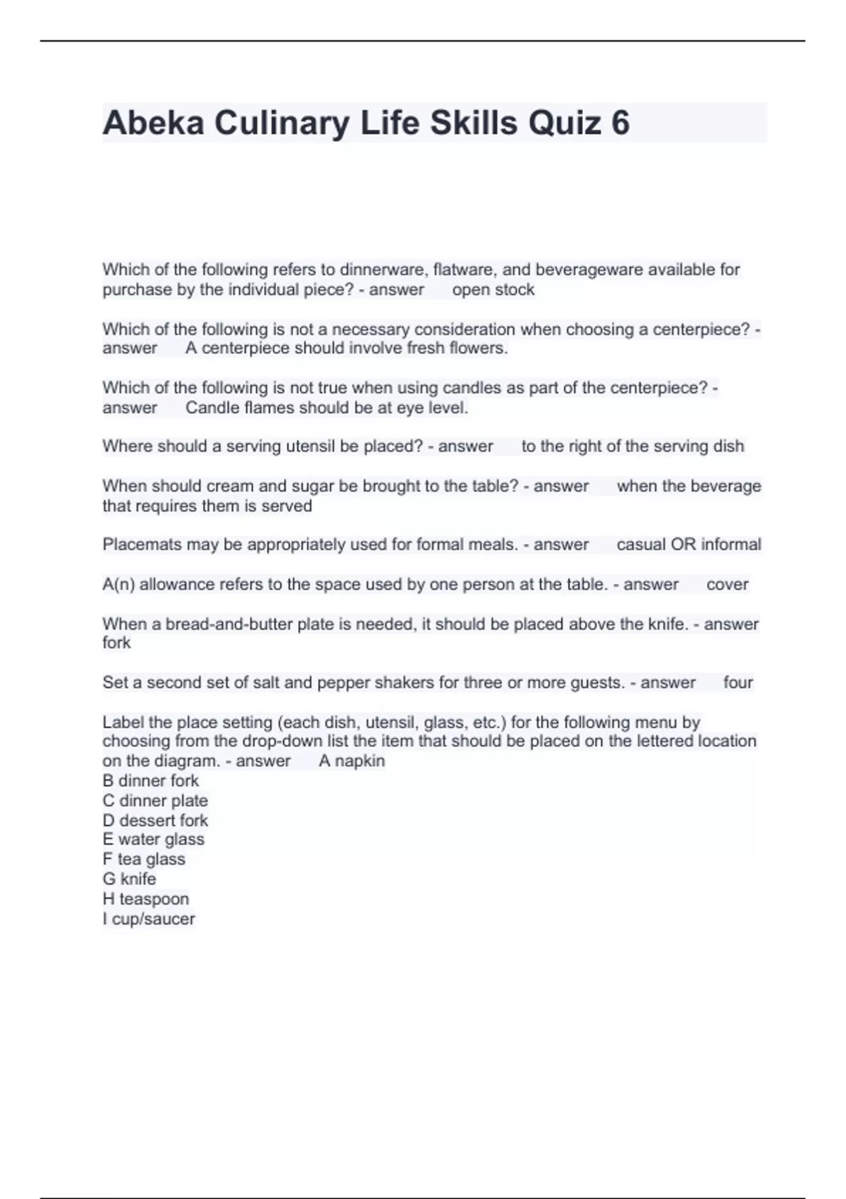 Abeka Culinary Life Skills Quiz 6 Questions and Answers 2024 - ABEKA ...
