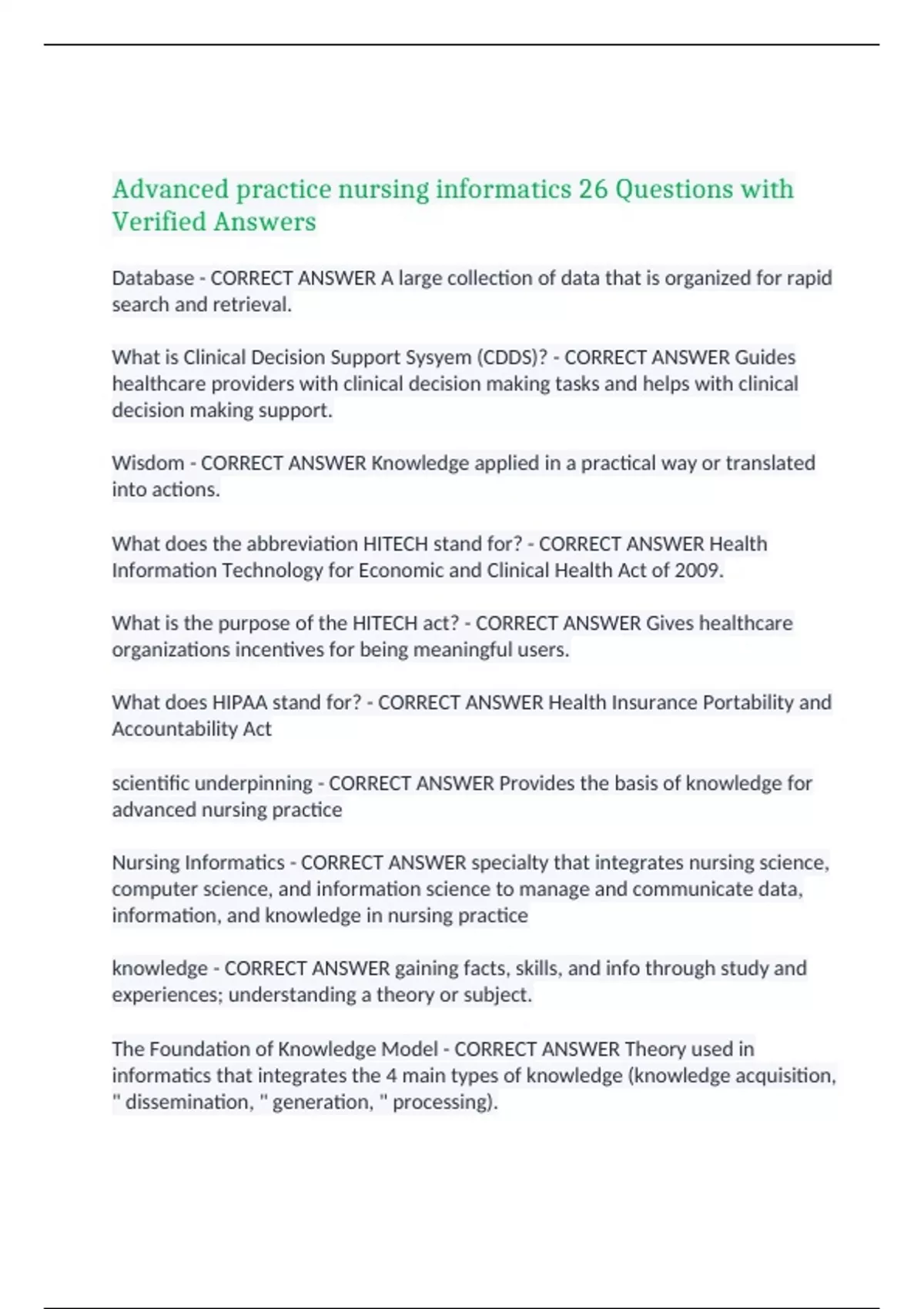 Advanced practice nursing informatics 26 Questions with Verified ...