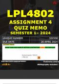 LPL4802 ASSIGNMENT 4 QUIZ MEMO - SEMESTER 1 - 2024 - UNISA - DUE : 26 APRIL 2024 (INCLUDES EXTRA MCQ BOOKLET WITH ANSWERS - DISTINCTION GUARANTEED)