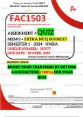 FAC1503 ASSIGNMENT 4 QUIZ MEMO - SEMESTER 1 - 2024 - UNISA - DUE : 18 APRIL 2024 (INCLUDES 530 PAGES EXTRA MCQ BOOKLET WITH ANSWERS - DISTINCTION GUARANTEED)