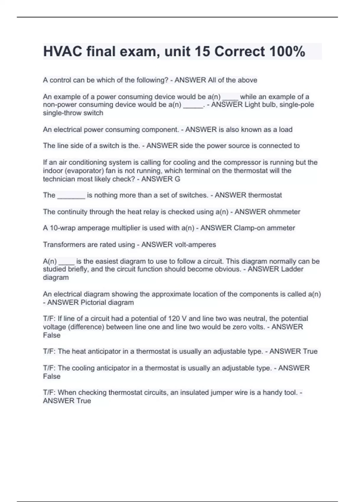 HVAC final exam, unit 15 Correct 100 HVAC Stuvia US