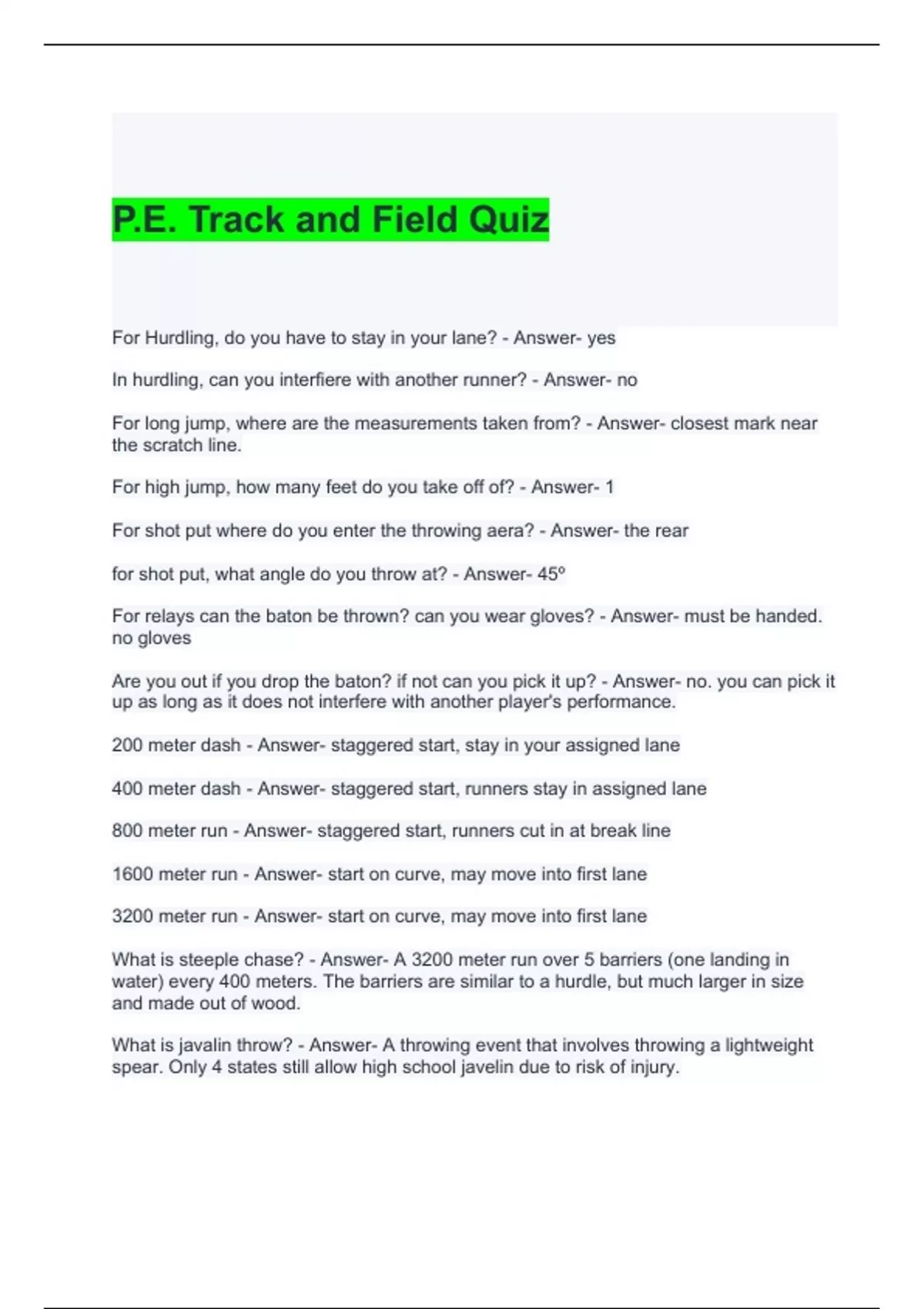 P.E. Track and Field Quiz solved Track and Field Stuvia US