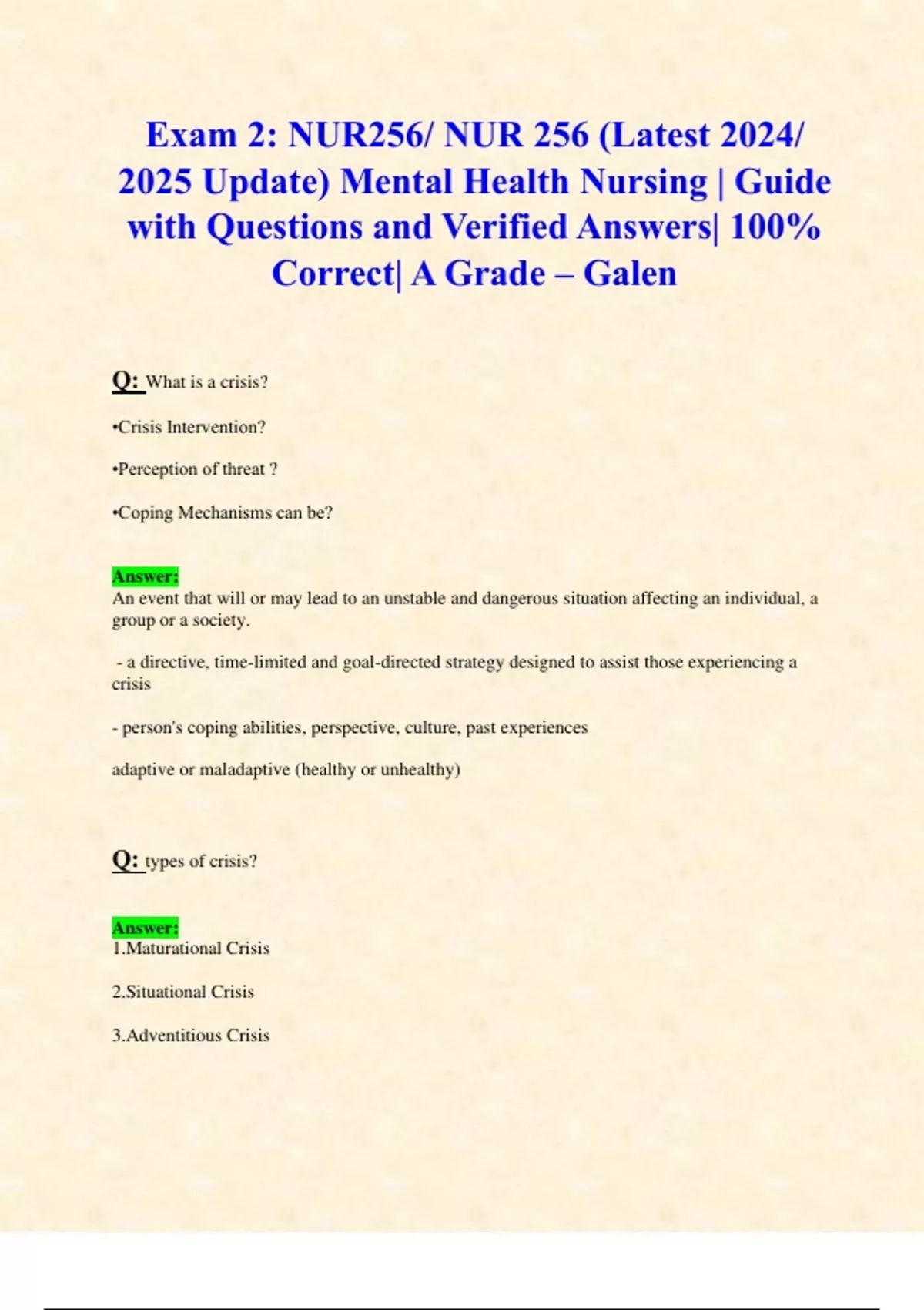 Exam 2: NUR256/ NUR 256 (Latest 2024/ 2025 Update) Mental Health ...