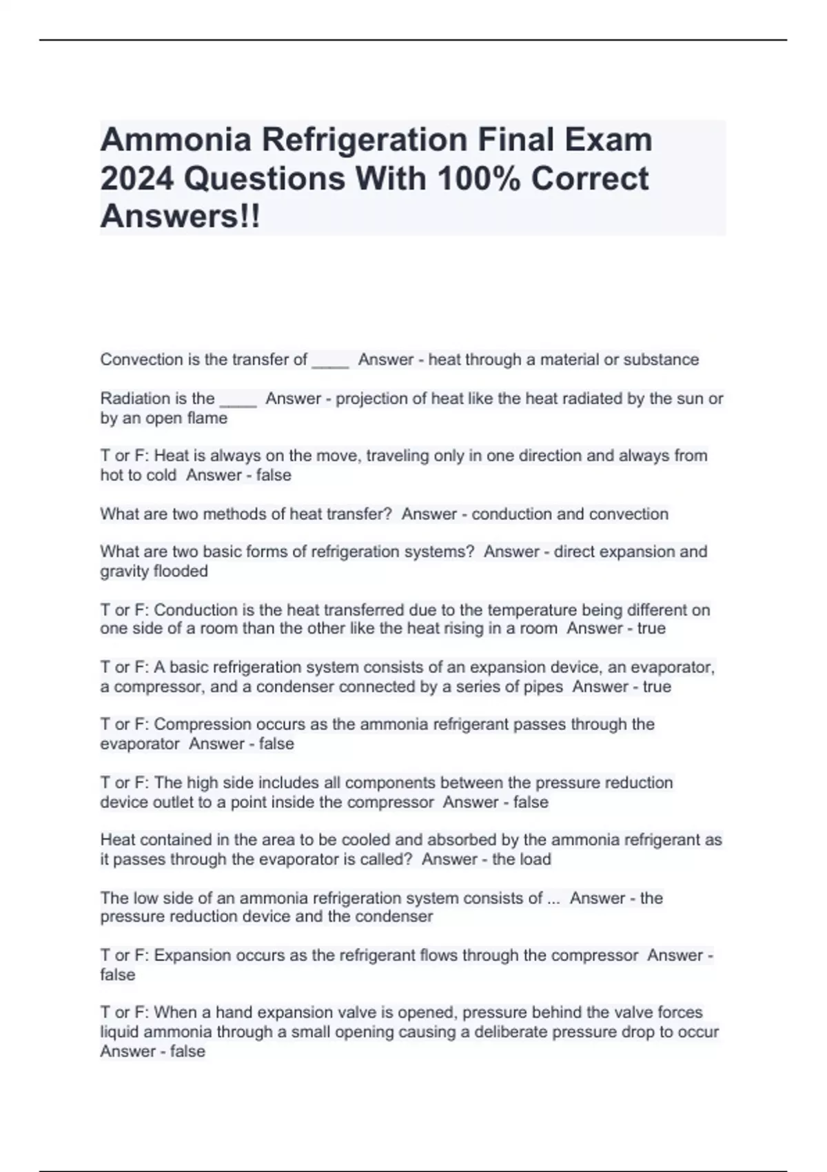 Ammonia Refrigeration Final Exam 2024 Questions With 100 Correct
