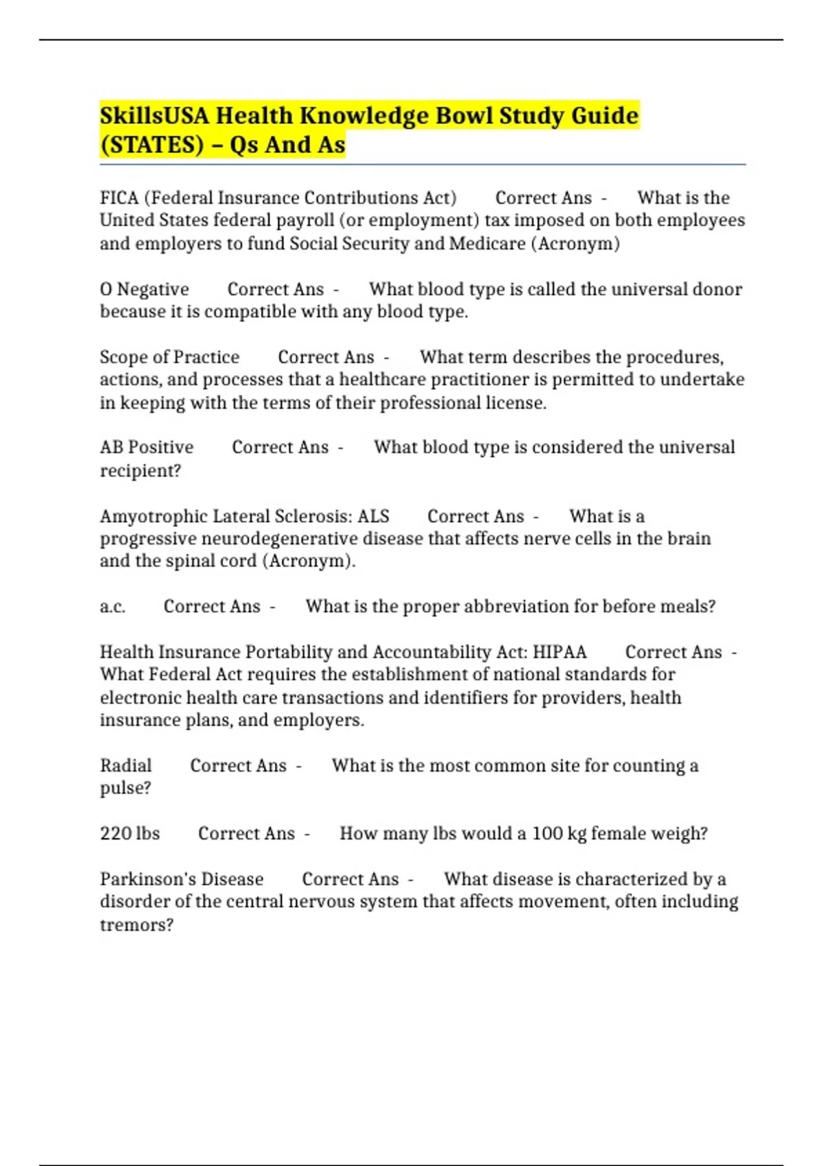 SkillsUSA Health Knowledge Bowl Study Guide (STATES) Qs And As