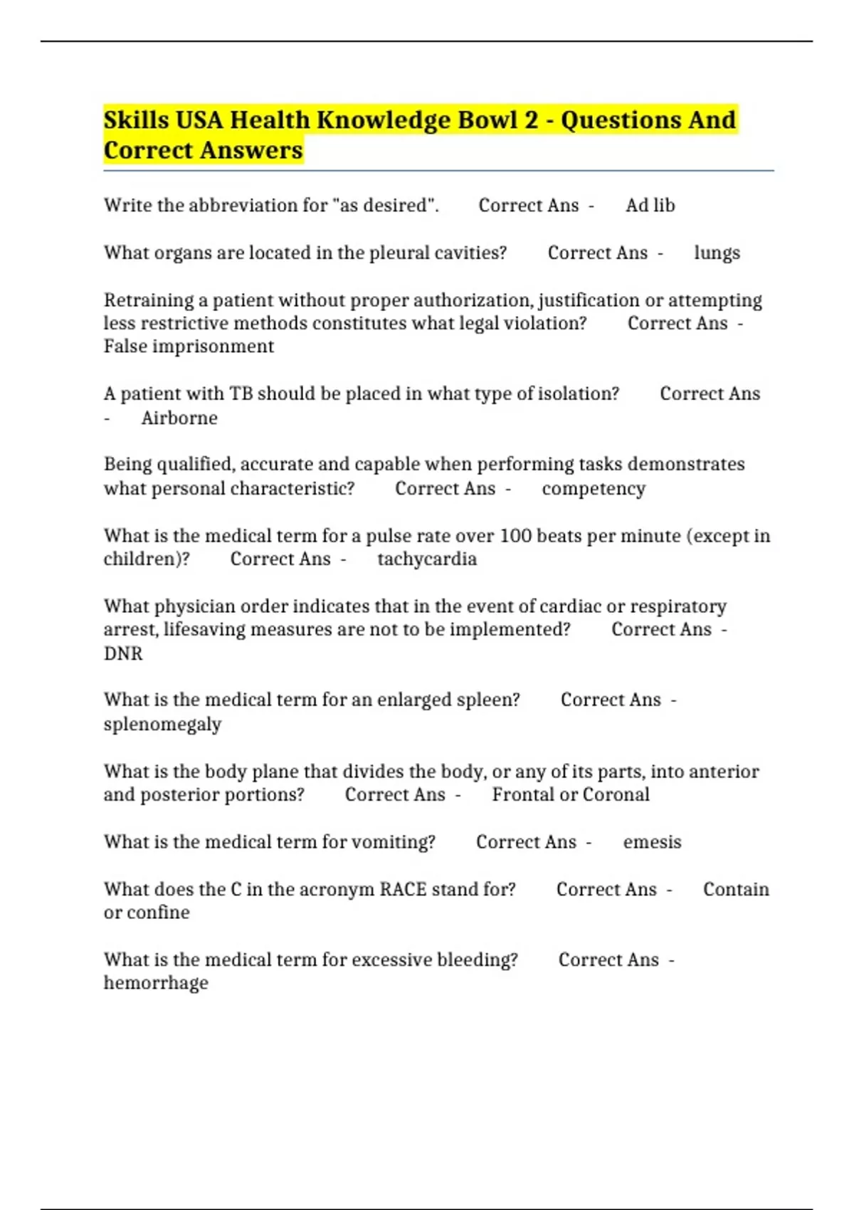 Skills USA Health Knowledge Bowl 2 Questions And Correct Answers