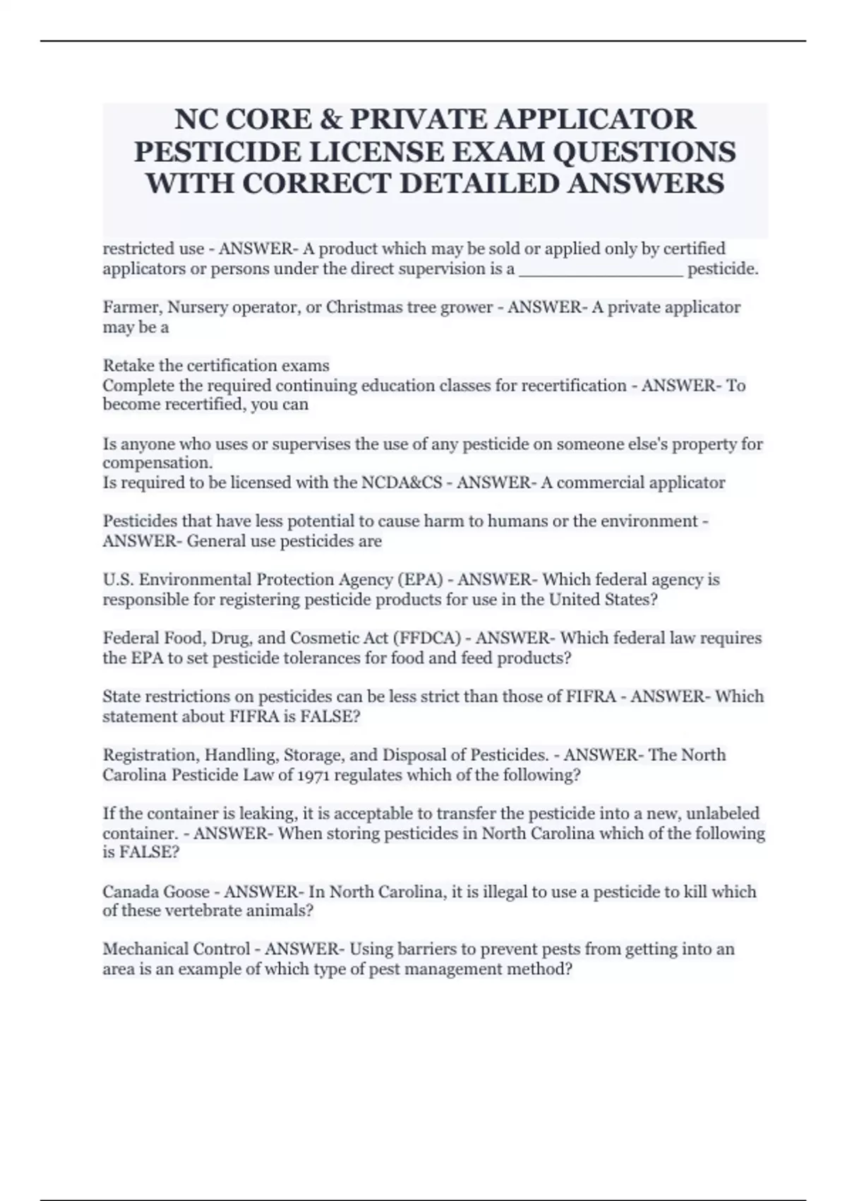 NC CORE & PRIVATE APPLICATOR PESTICIDE LICENSE EXAM QUESTIONS WITH