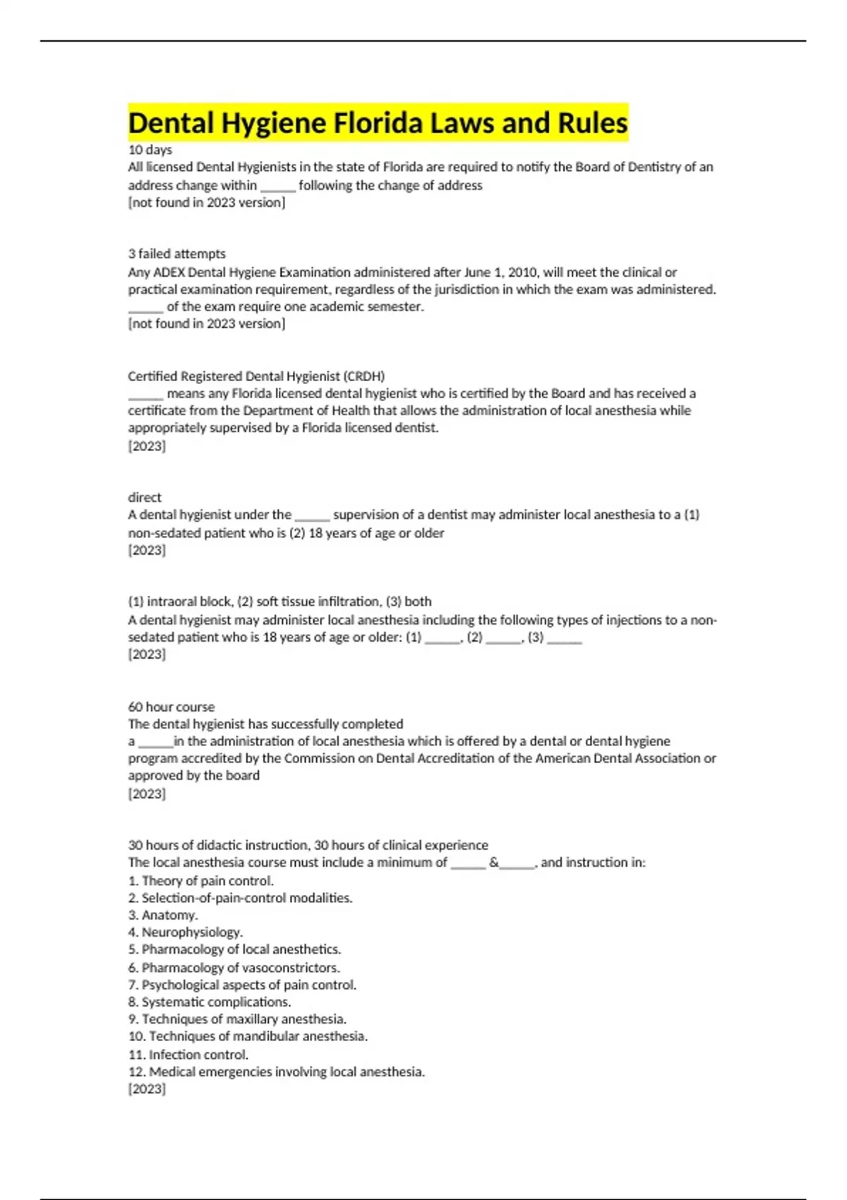 Dental Hygiene Florida Laws and Rules Complete Questions with Correct